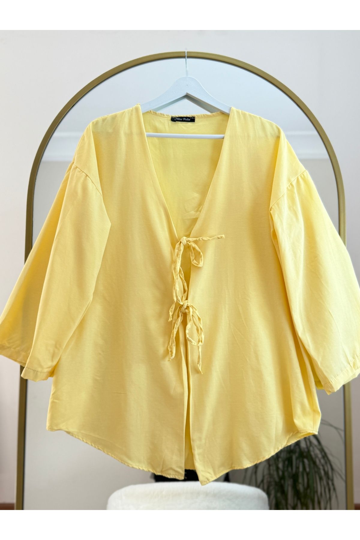Bahar Altundemir Kadın Önü Bağlamalı Sarı Kimono Poplin Tunik Gömlek Tesettür Kimono Gömlek