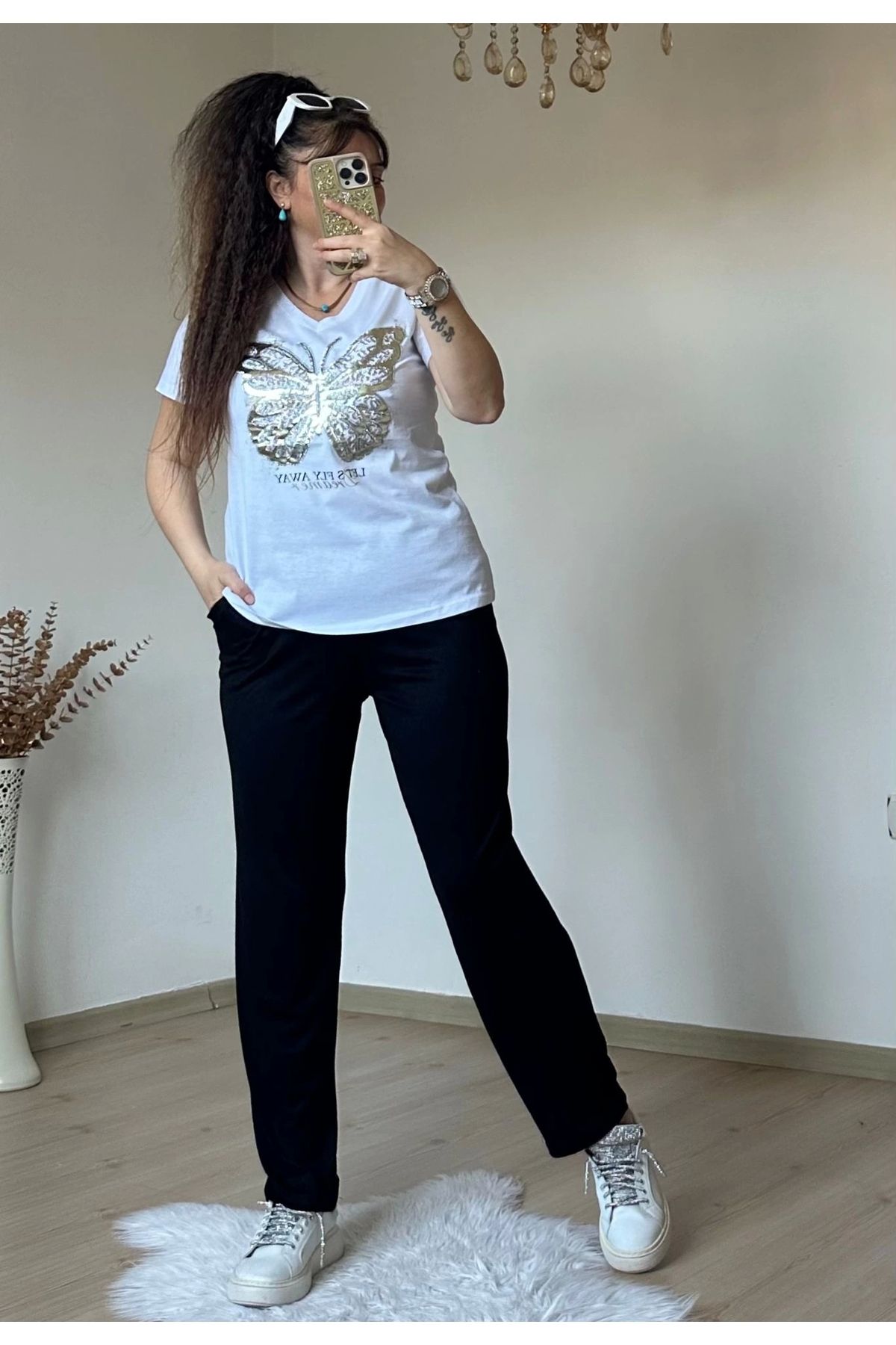 azra moda Varak Baskı Kelebek Takım Beyaz