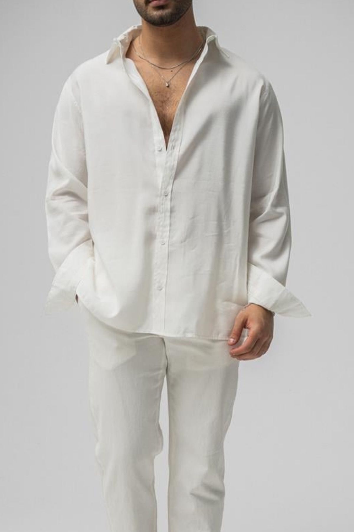 COOL TARZ Erkek Beyaz Düz Keten Oversize Gömlek