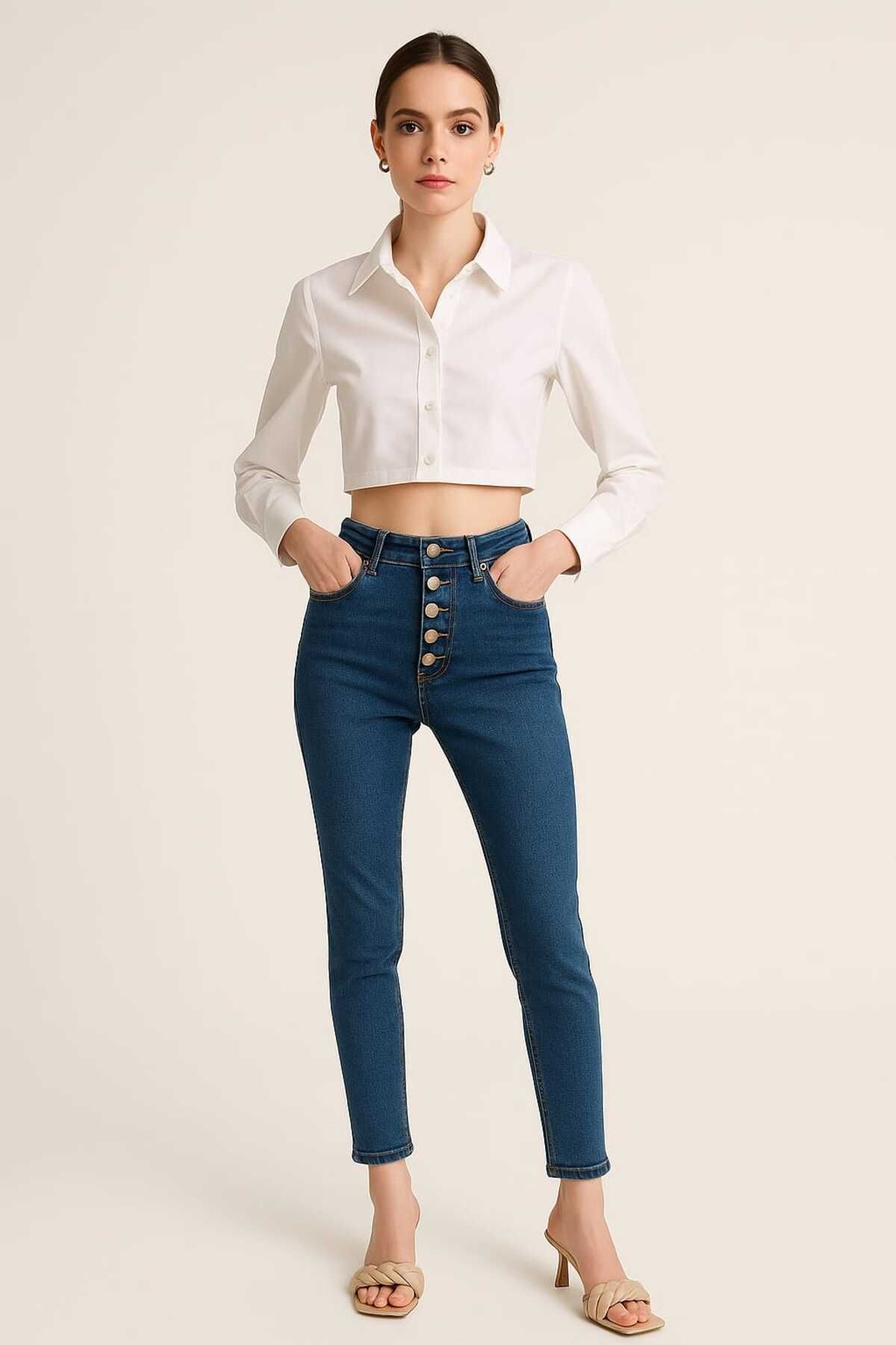 gigigiyim Yüksel Bel Dar Paça Kadın Skinny Jean Koyu Mavi