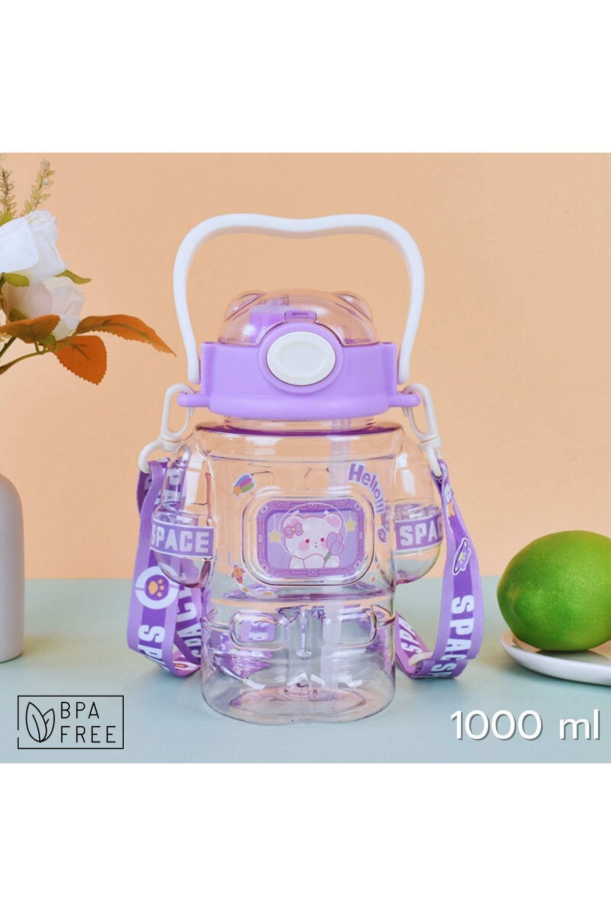 ARVALE Astronot Figürlü 1 Litre Matara | Pipetli ve Geniş Ağızlı | Boyun Askılı | BPA Free