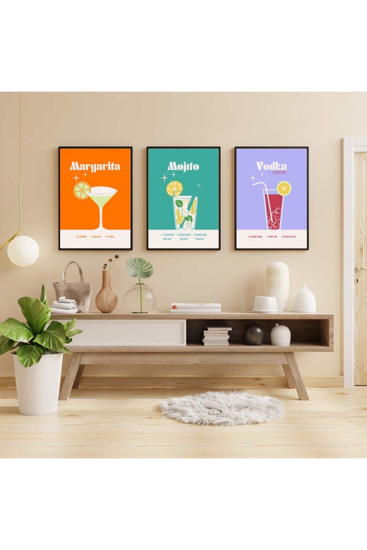 PRYDESIGN Renkli Kokteyler Duvar Tablosu Çerçeveli 3'lü Set