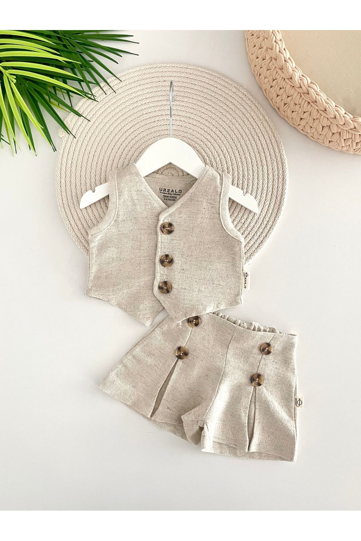 Jammybaby Lavem %100 Ham Keten Yelek / Şort Kız Bebek Takım-NATURAL