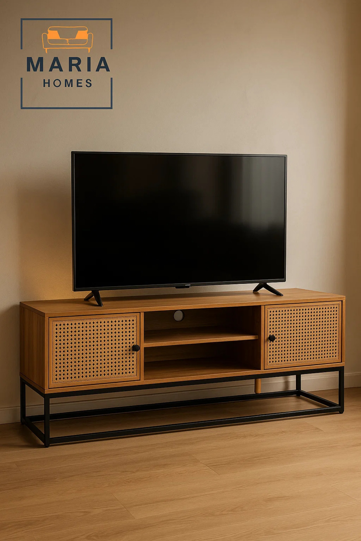 حامل تلفزيون من الخشب الطبيعي مع أبواب من الخيزران...