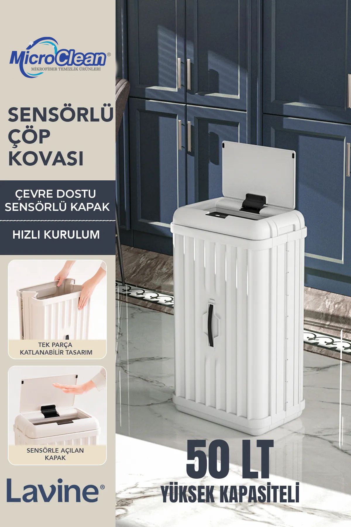 Micro Clean MissClean 50 LİTRE Hareket Sensörlü ÇÖP KOVASI Çok Amaçlı Portatif Katlanabilir Banyo Ve Mutfak