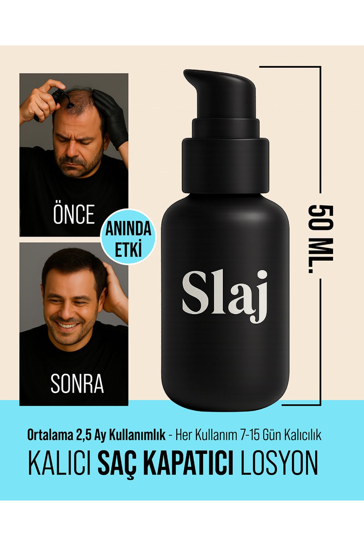 Slaj Seyrek Saç Kapatıcı Kalıcı Losyon – Anında Hacimli Doğal Görünüm- Erkeklere Özel Formül - 50ml