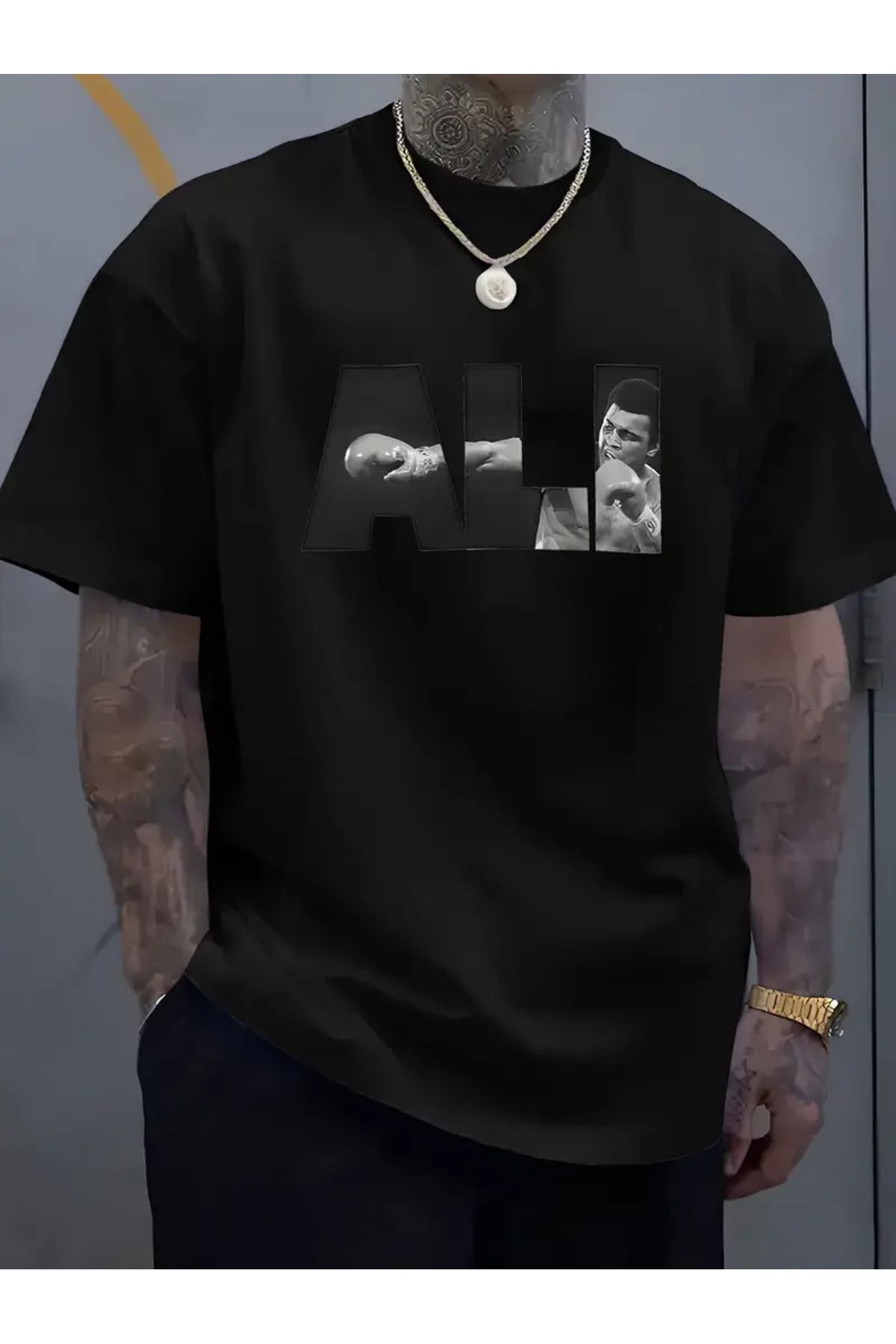 AEMİ Unisex Ali Baskılı Oversize Bisiklet Yaka T-shirt