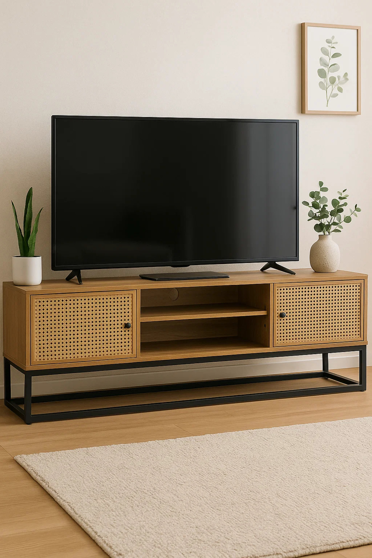 حامل تلفزيون من الخشب الطبيعي مع أبواب من الخيزران...