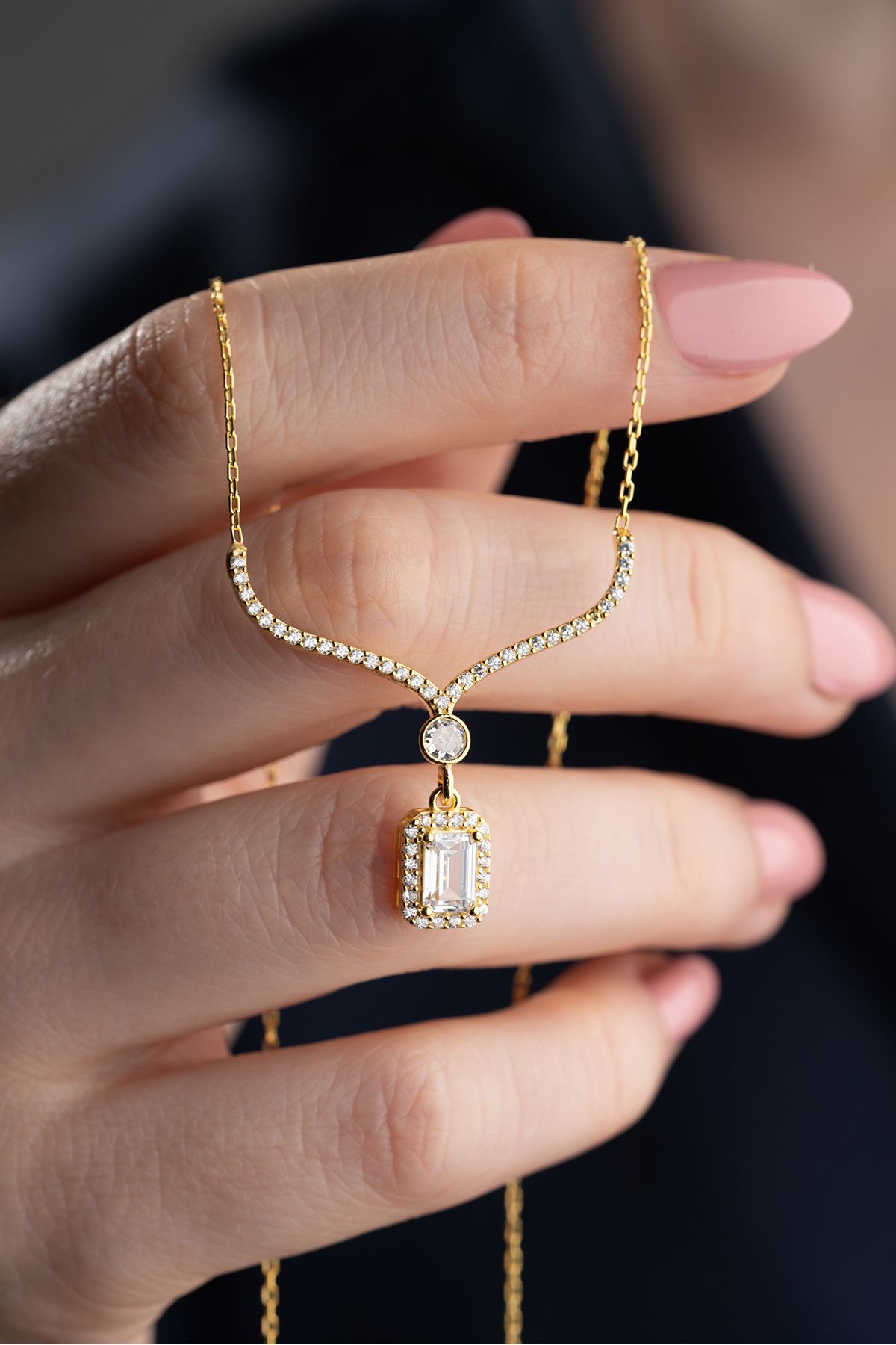 VAOOV 925 Ayar Gümüş Baget Taşlı Gold Sallantılı Hediye Kolye