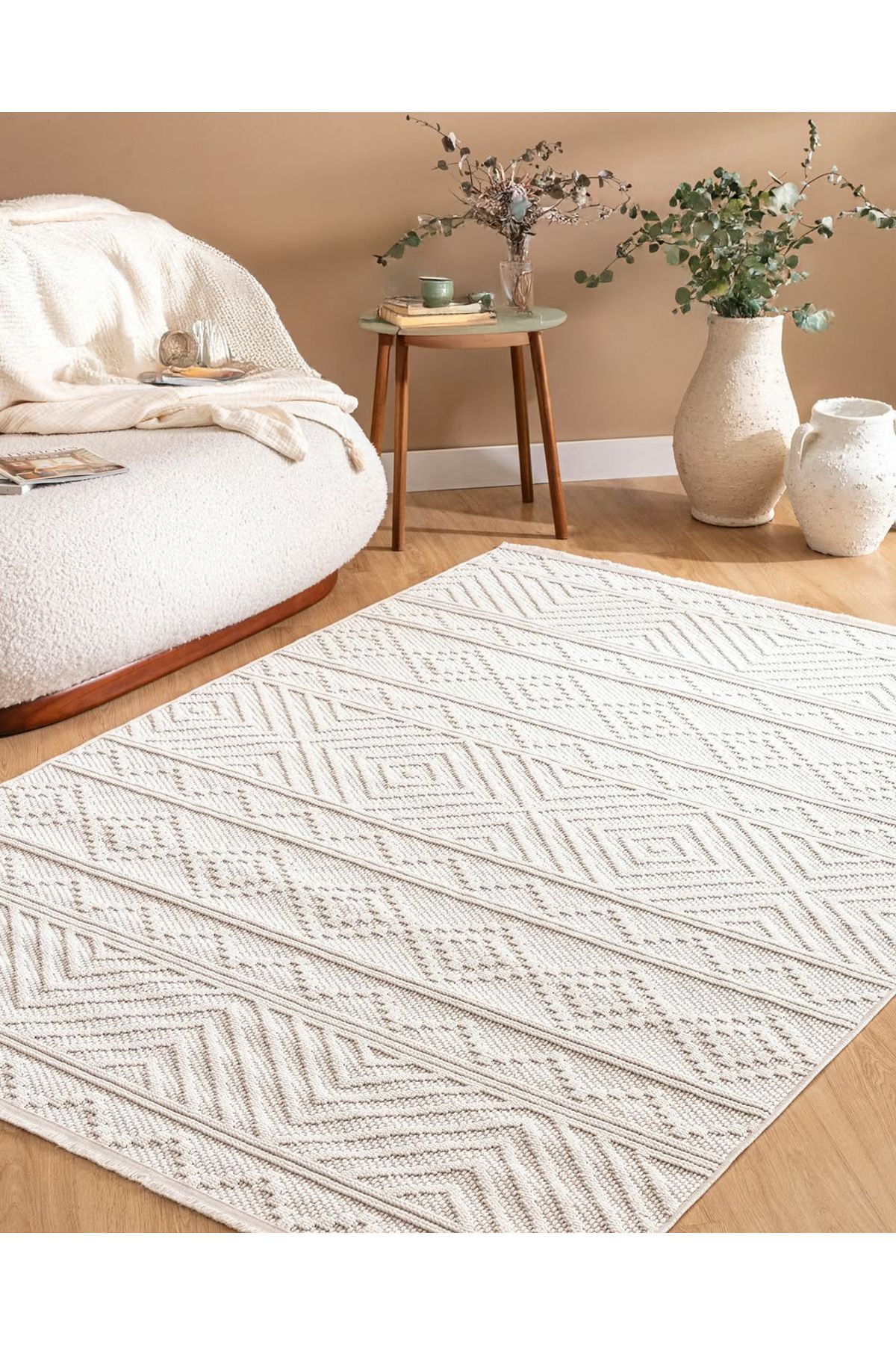 Dinarsu Mira Krem Rengi Modern Dokuma Halı Dekoratif İskandinav Tarz Oturma Odası Salon Halısı