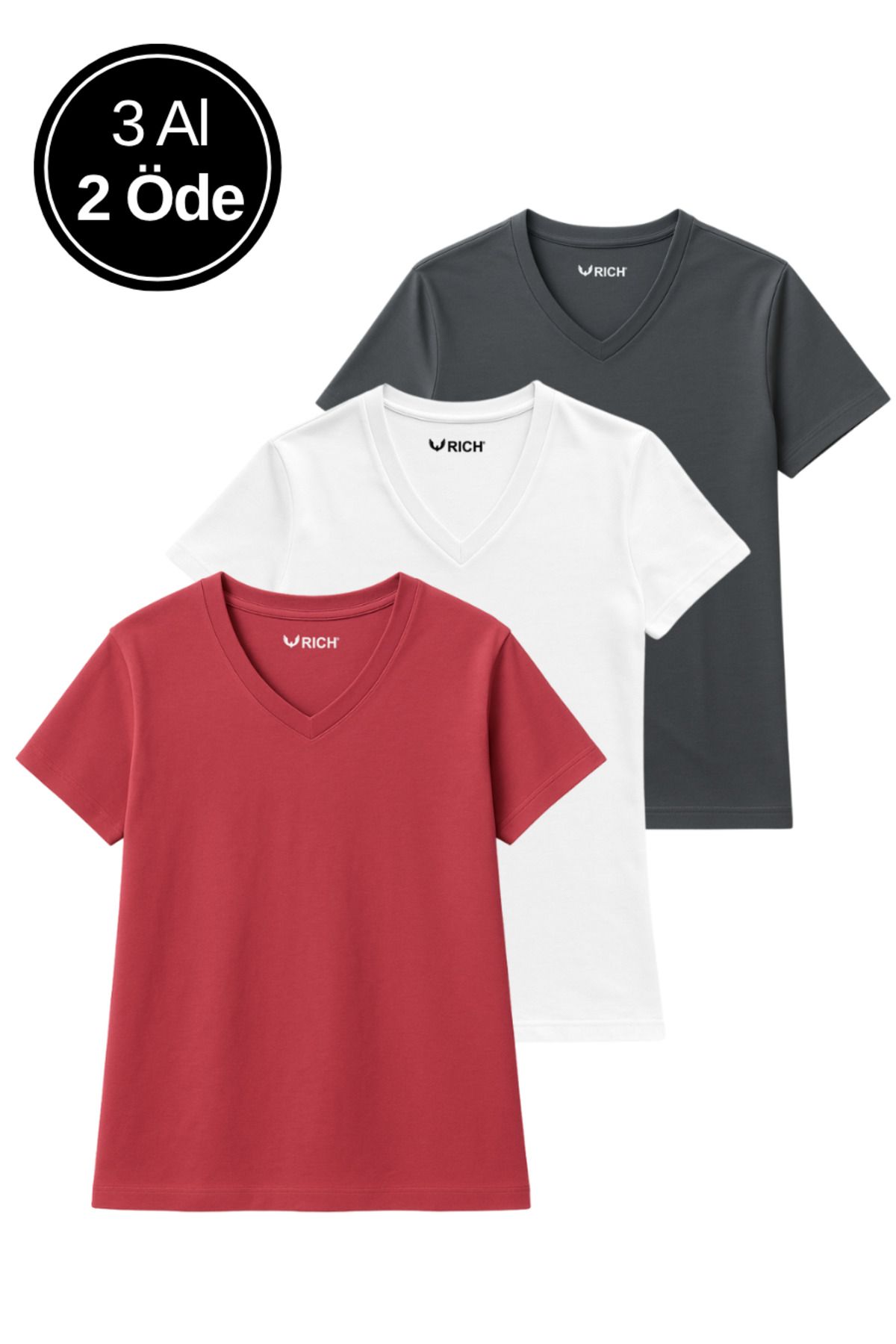 Rich Kadın 3'lü Paket Antrasit-Beyaz-Pembe Oversize Tişört %100 Pamuk V Yaka T-Shirt