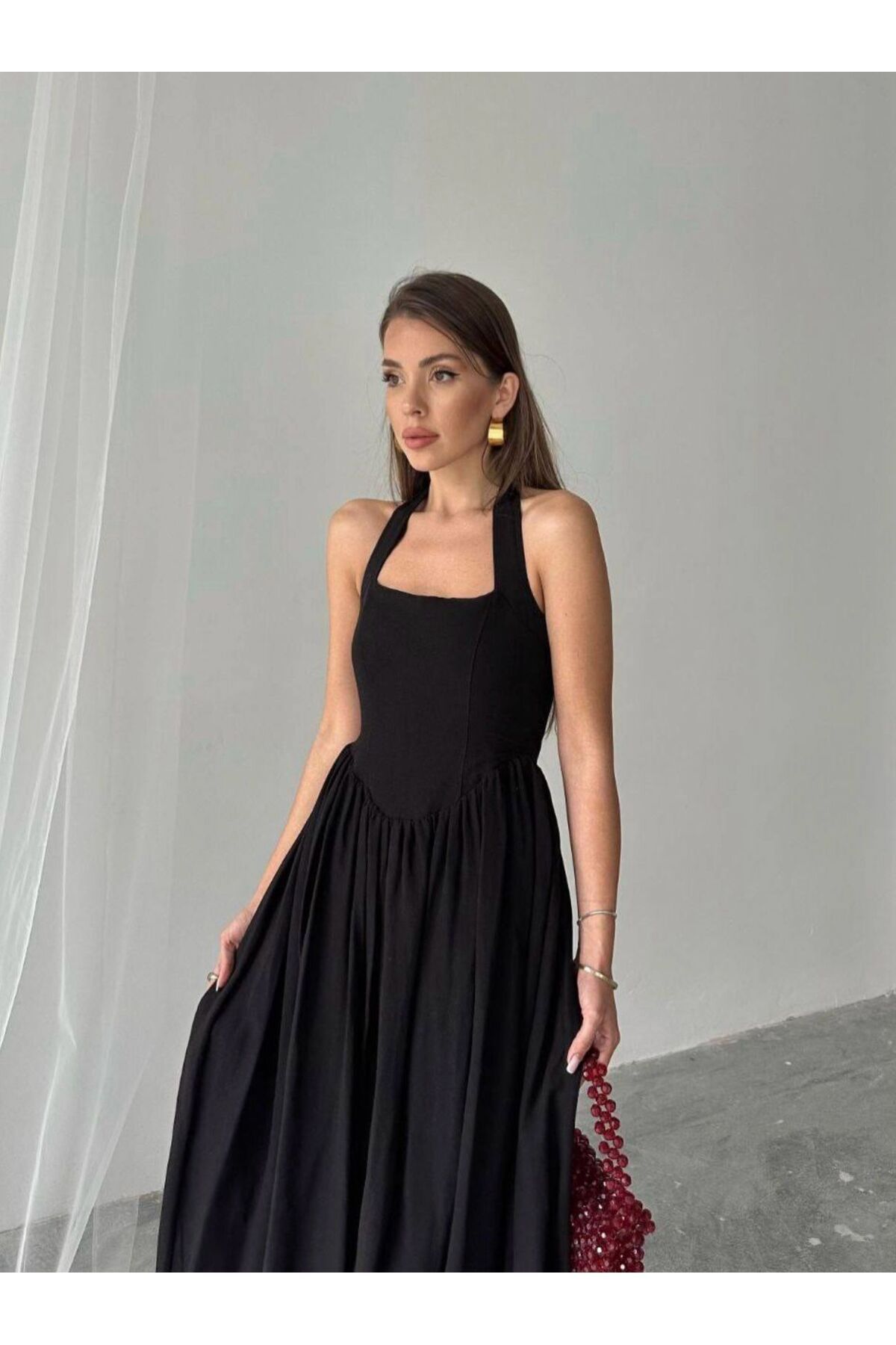 Serenay Atelier BOYUNDAN BAĞLAMALI KETEN KADIN ELBİSE RAHAT KALIP