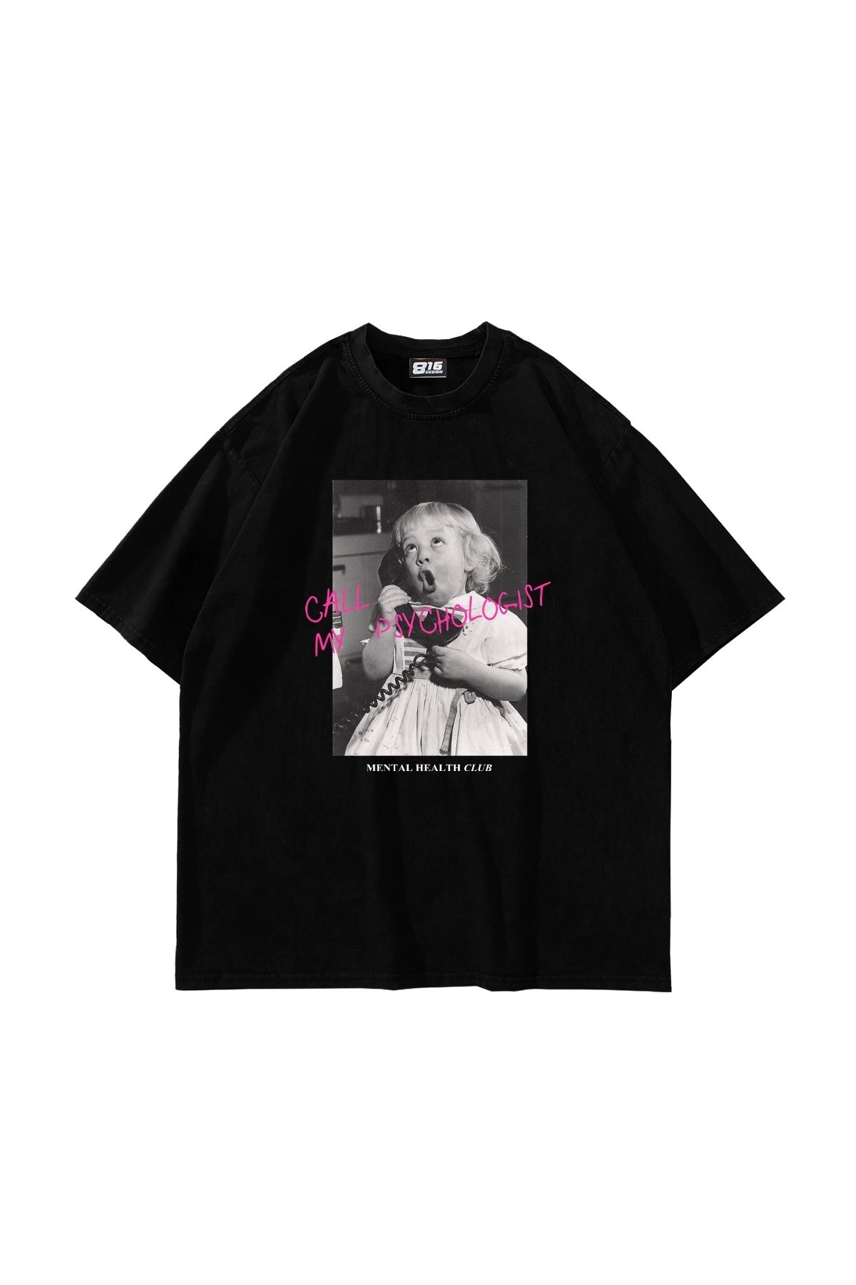 Bak Moda Call My Psychologist Baskılı Oversize Unisex Siyah Tshirt
