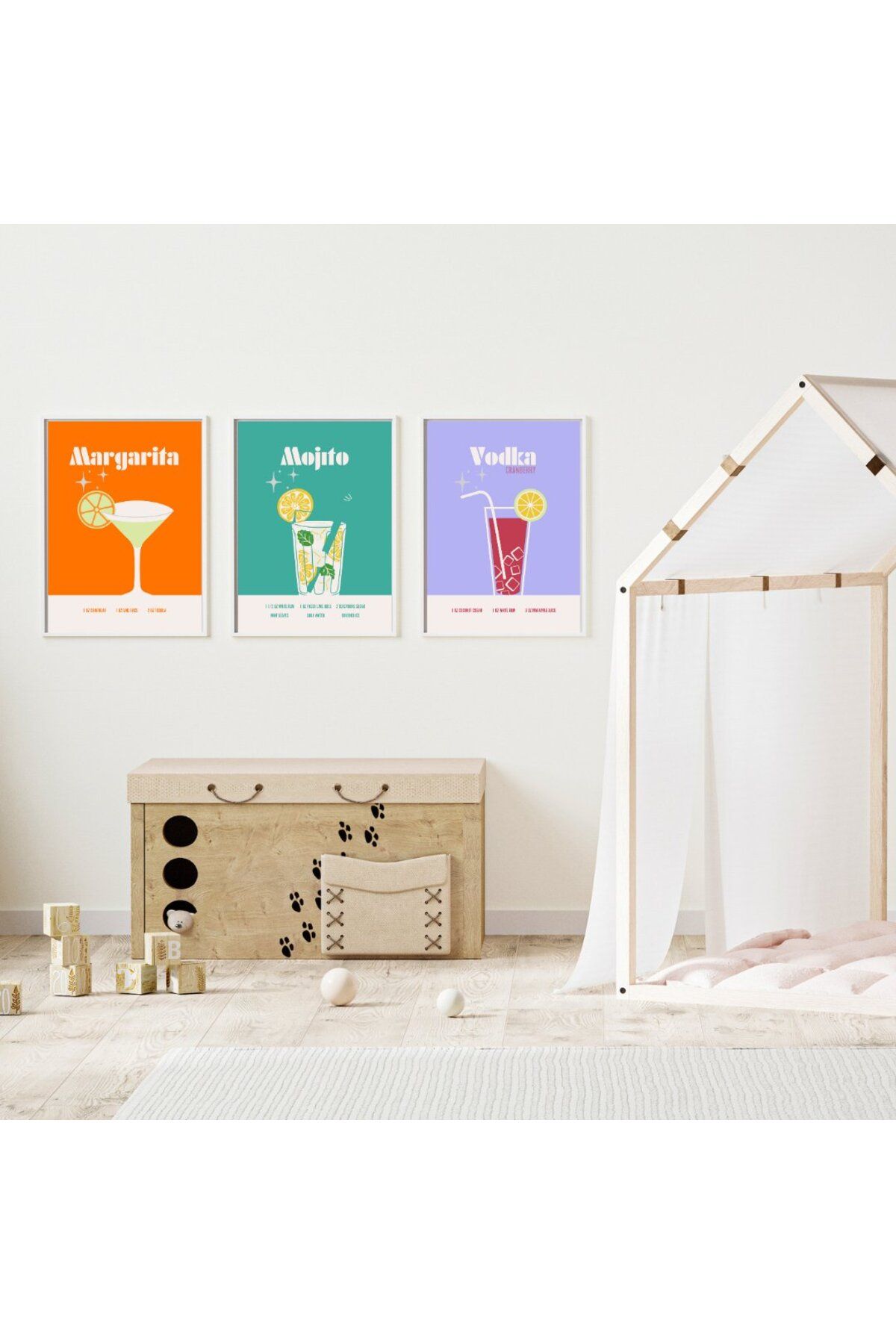 PRYDESIGN Renkli Kokteyler Duvar Tablosu Çerçeveli 3'lü Set
