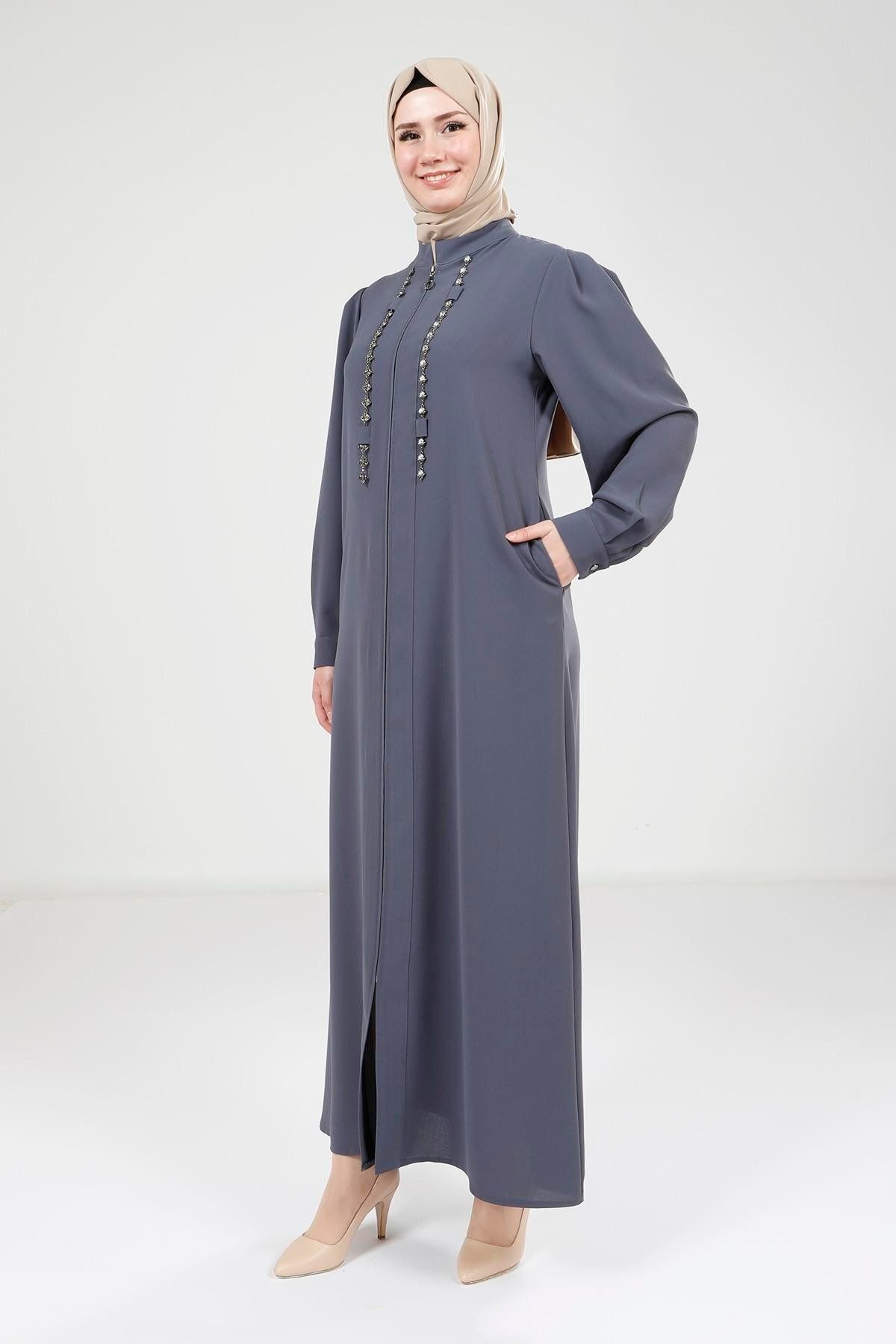 مانتو و عبای پوشیده زنانه سنگ زنجیره ای خاکستری تیره فریس 9167 Beyza