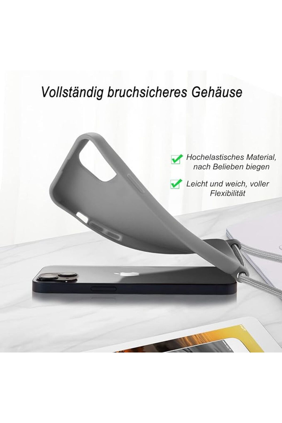 Karll-Set husă cu cablu și 2 folii de protecție din sticlă pentru iPhone 13, silicon/textil, gri, 6,1 inci 4