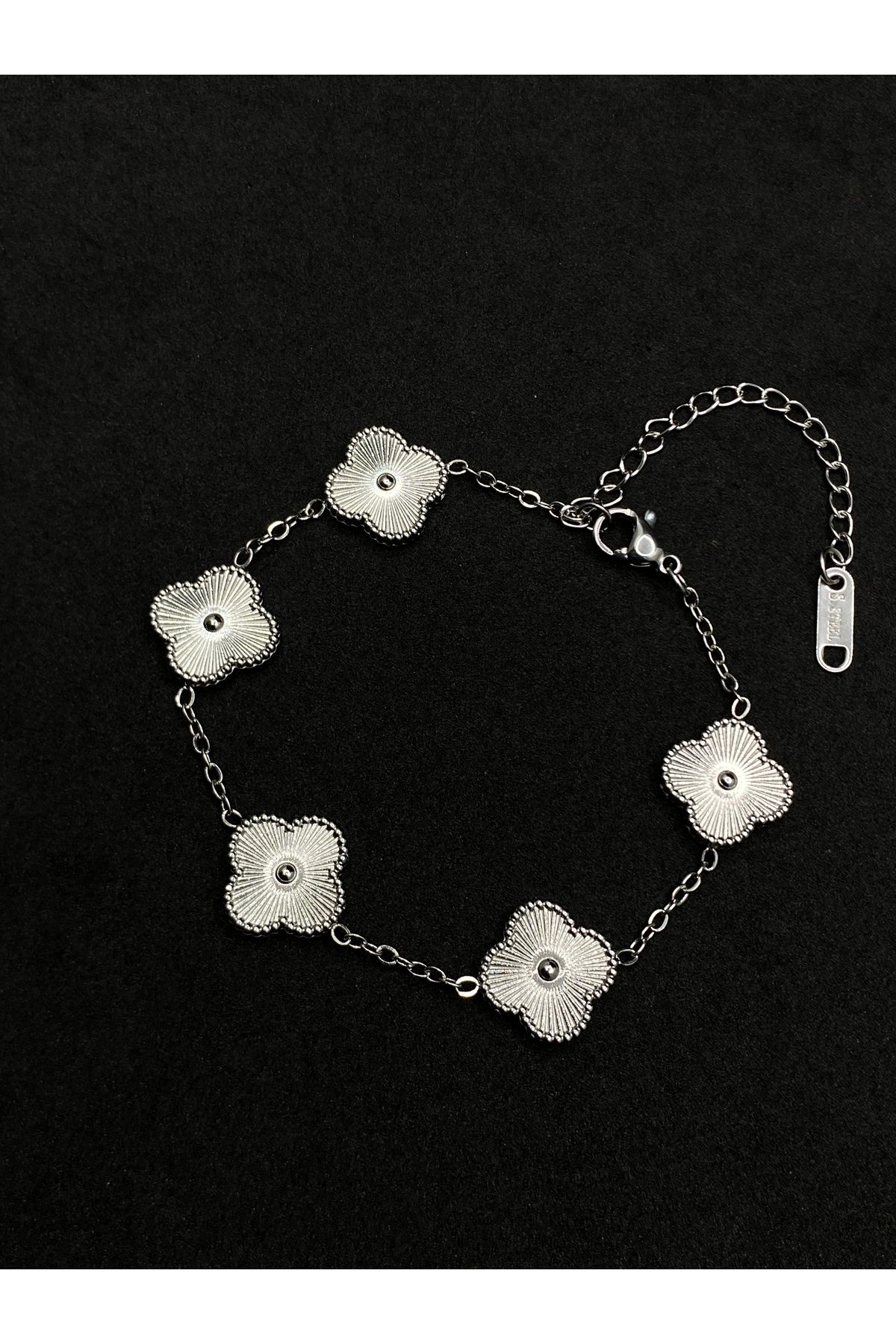 Jiji Jewelery Van Cleef Gümüş Yonca Model Çift Taraflı Mineli Çelik Bileklik 17 cm / ek çıkarılabilir 5 cm