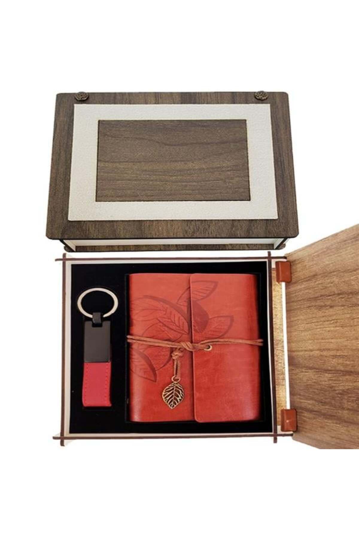 LovelymCo Özel Ahşap Kutulu Kiremit Rengi Deri Defter Ve Anahtarlık Set