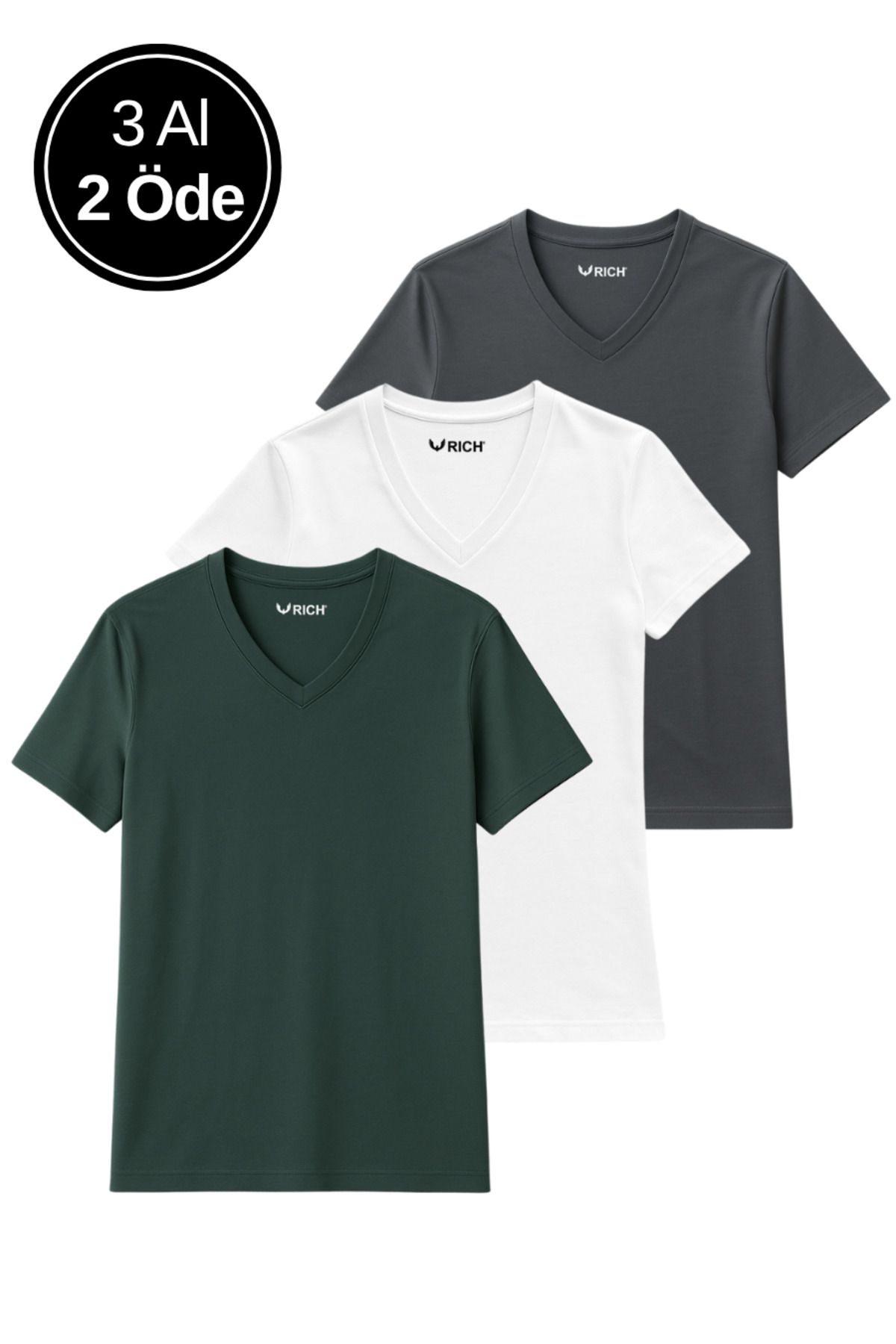 Rich Kadın 3'lü Paket Antrasit-Beyaz-Haki Oversize Tişört %100 Pamuk V Yaka T-Shirt