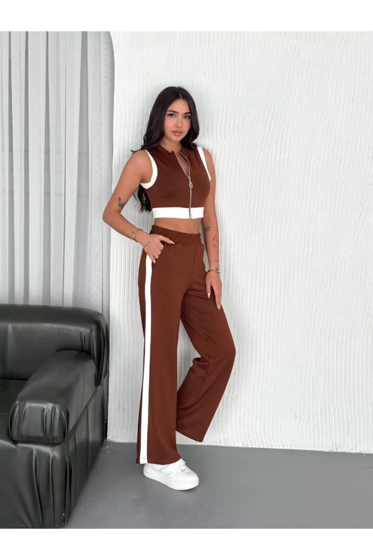 Flaubert Yumuşak Dokulu Kumaş Tam Fermuarlı Crop Pantalon İkili Takım - Antrasit