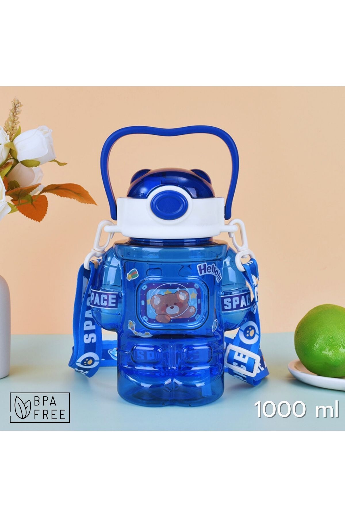 ARVALE Astronot Figürlü 1 Litre Matara | Pipetli ve Geniş Ağızlı | Boyun Askılı | BPA Free