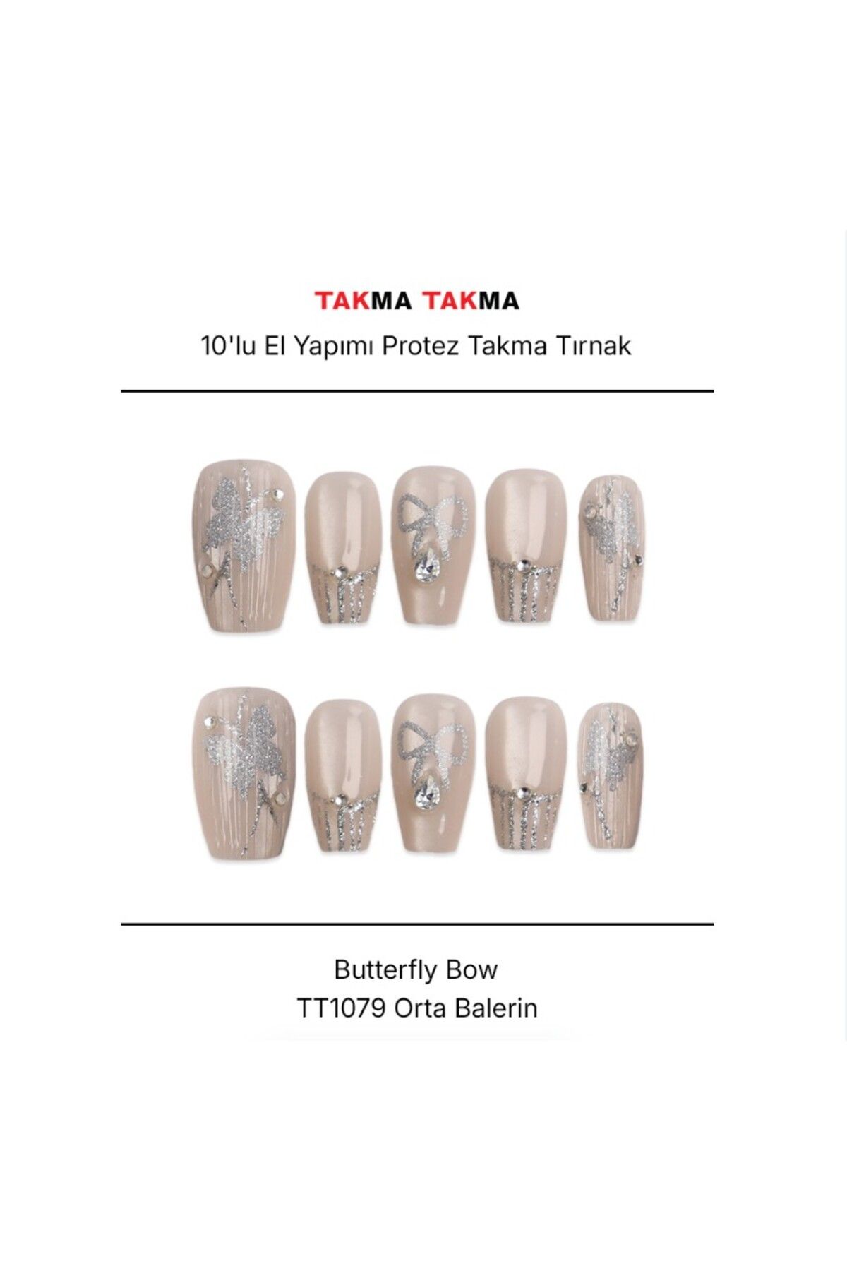 Takma Takma TT1079 - Butterfly Bow - 10'lu Tekrar Kullanılabilir El Yapımı Protez Takma Tırnak M-Ten Rengi