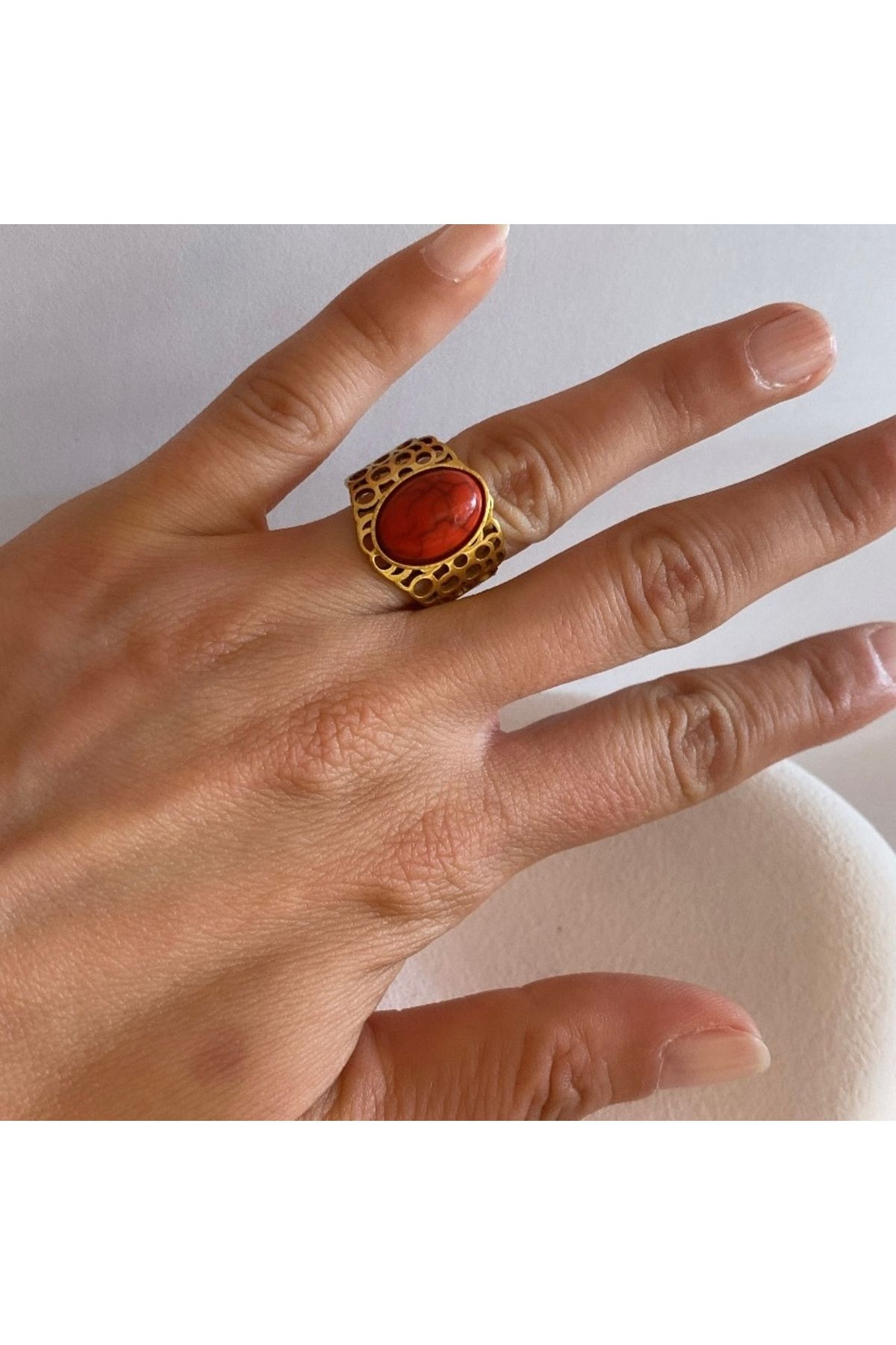 Mavi Aksesuar Çelik Goldrengi Vintage Kırmızı Taşlı Ayarlanabilir Yüzük