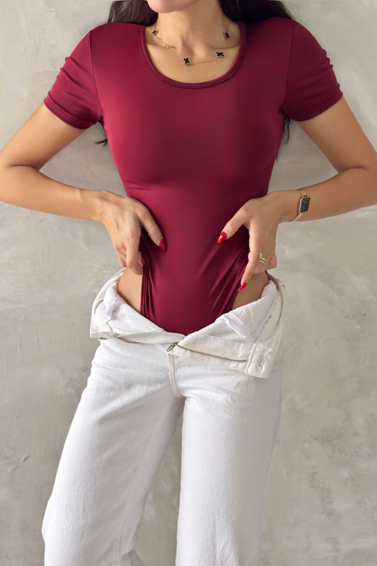 msm fashion Kadın Kısa Kollu Bisiklet Yaka Alttan Çıtçıtlı Zıbın Bluz