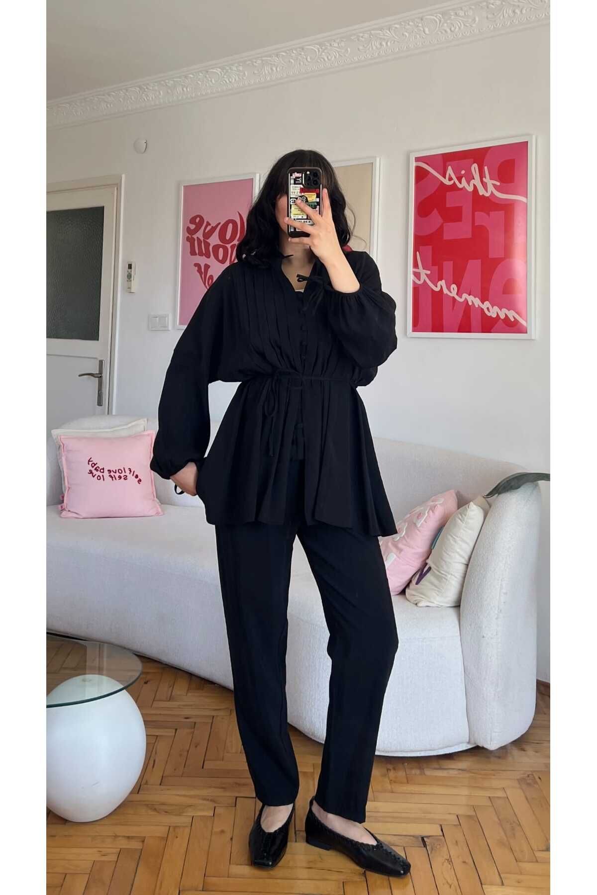 Moda İkra önü düğme detylı bağlamalı gömlek pantolon takım