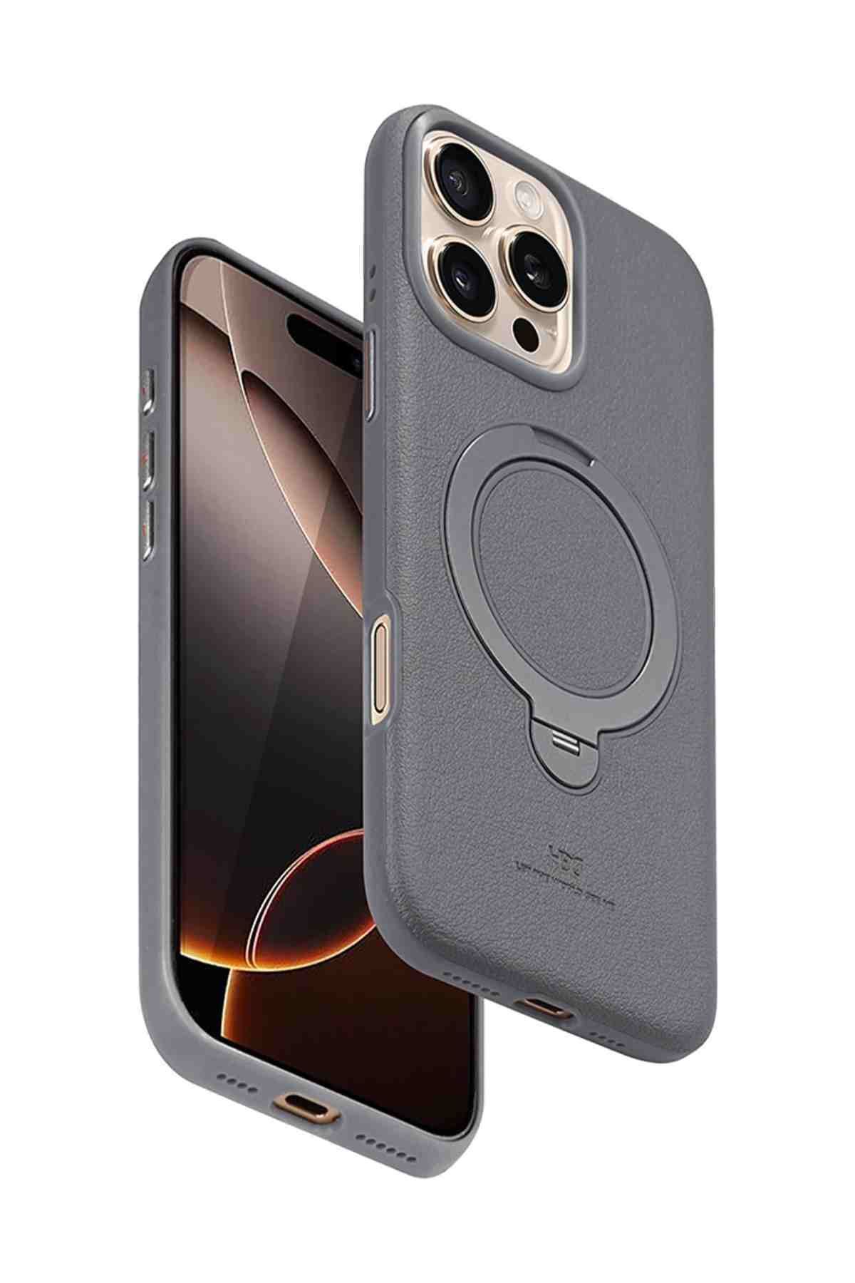 qpen iPhone 16 Pro Uyumlu Manyetik Şarj Özellikli Standlı Deri Kapak