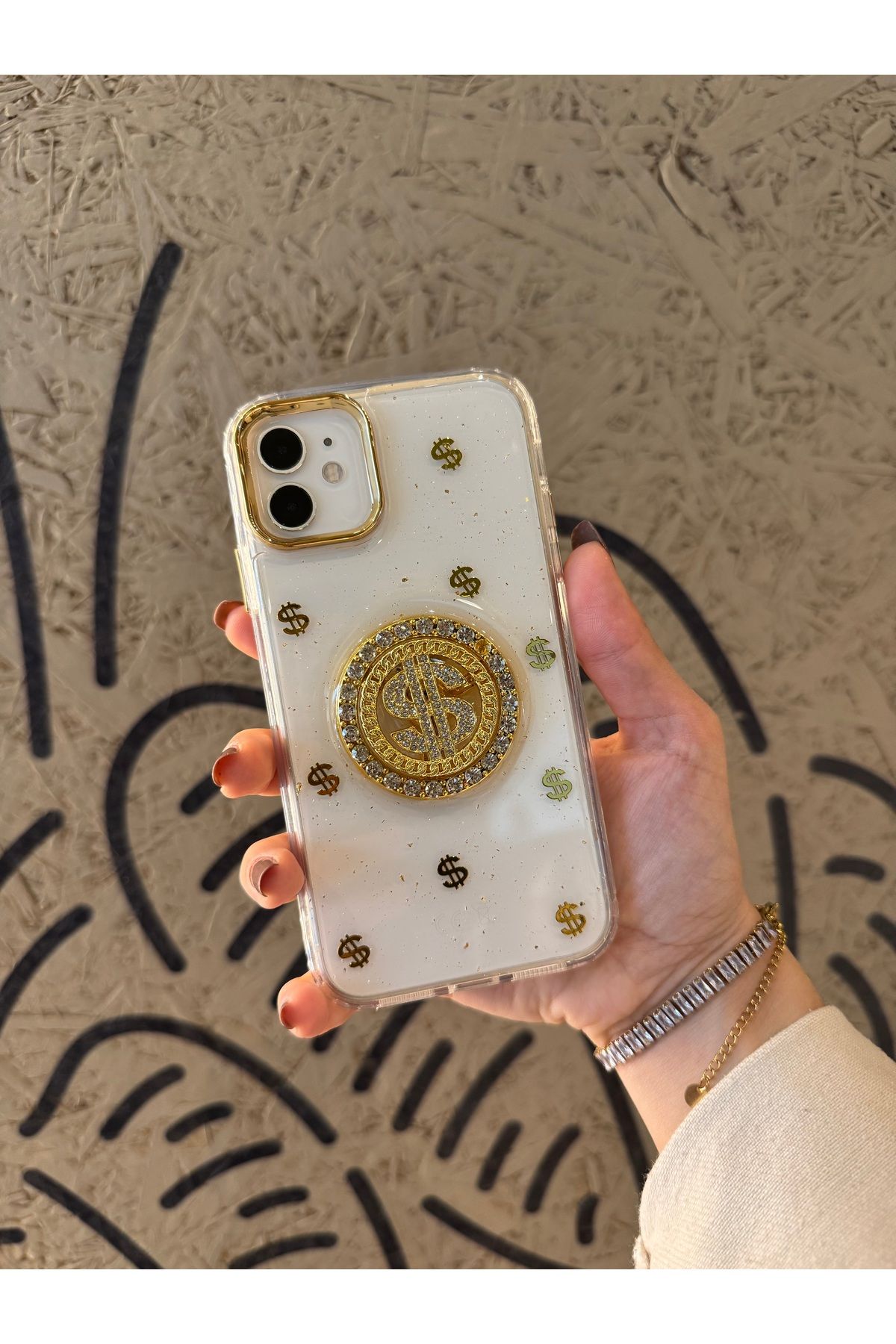 Mois Case İPhone 11 uyumlu dolar figürlü taşlı simli şeffaf kılıf