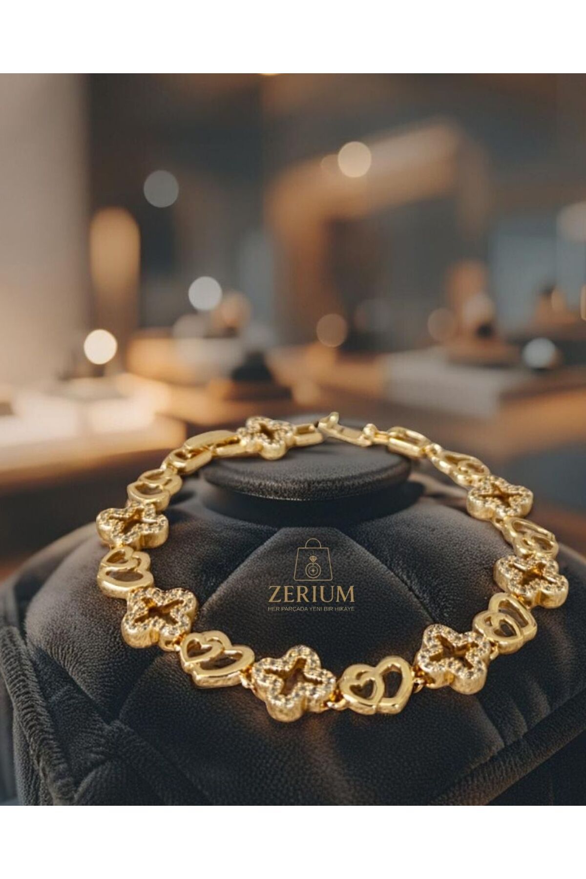 ZERİUM Altın Işıltılı Aşk ve Şans Bilekliği Kadın Çelik Takı 316L