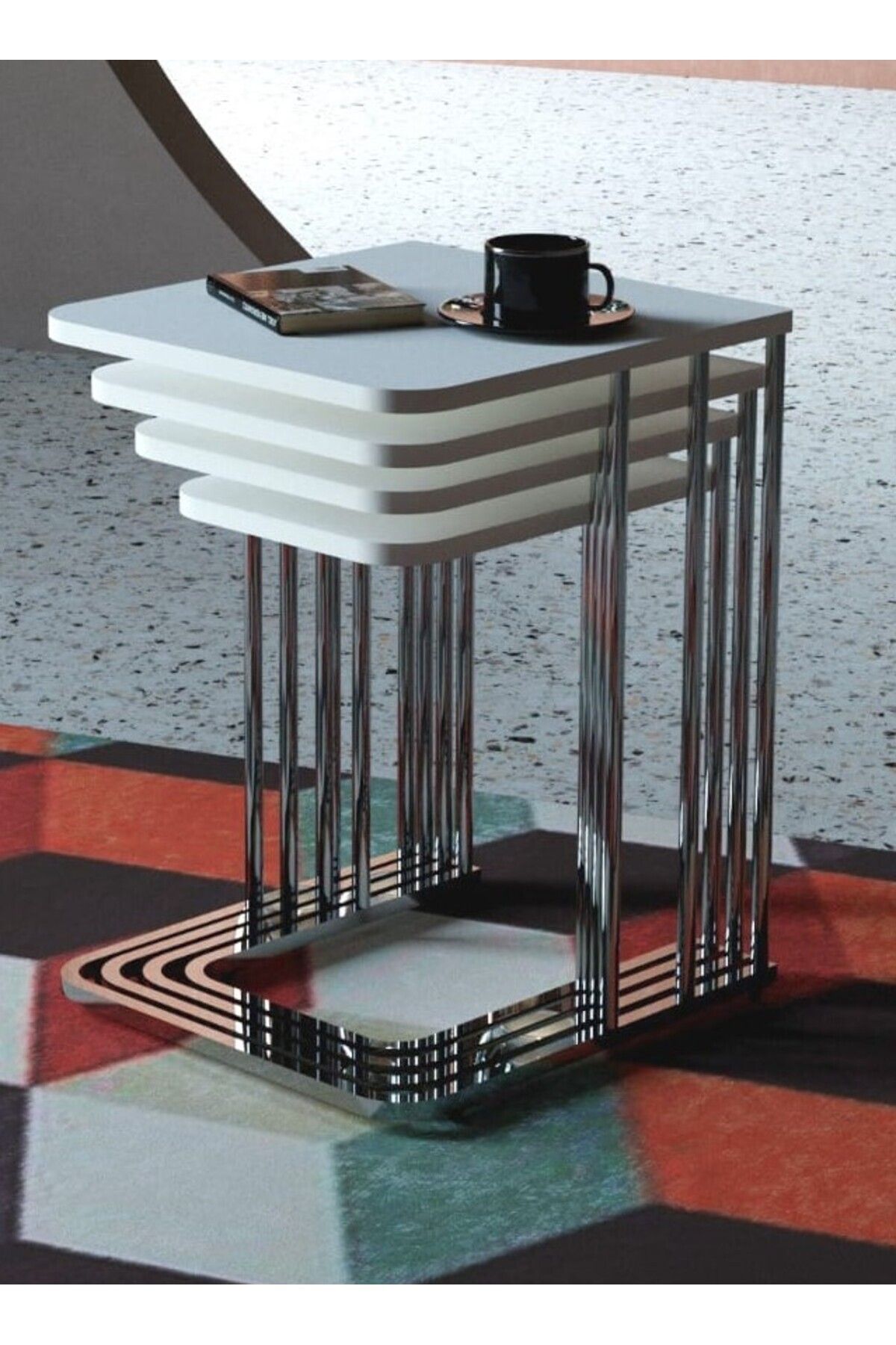 home plus mobilya 4'lü Tekerlekli Zigon Sehpa Gümüş Ayak Beyaz 18mm Tabla