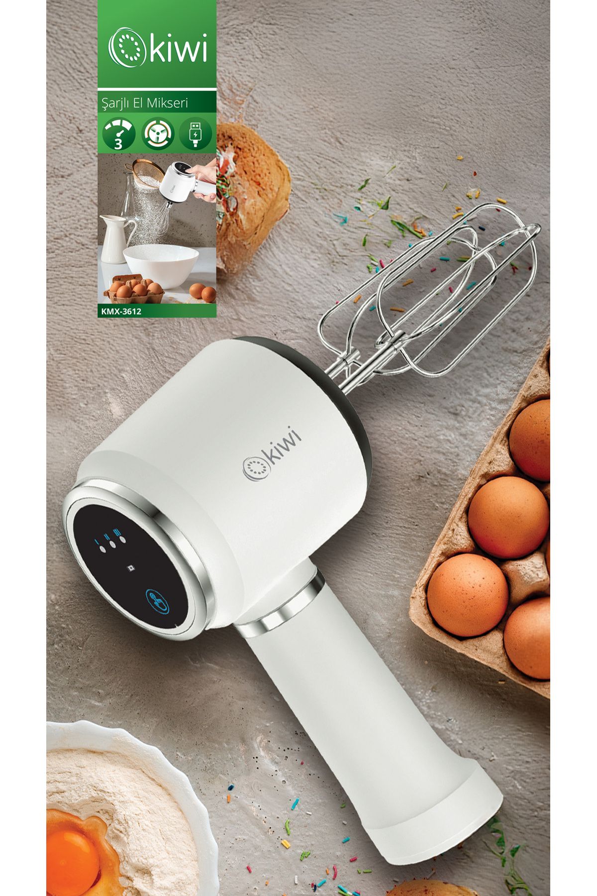 Kiwi Kmx-3612 3 Hız Kademeli Şarjlı El Mikseri