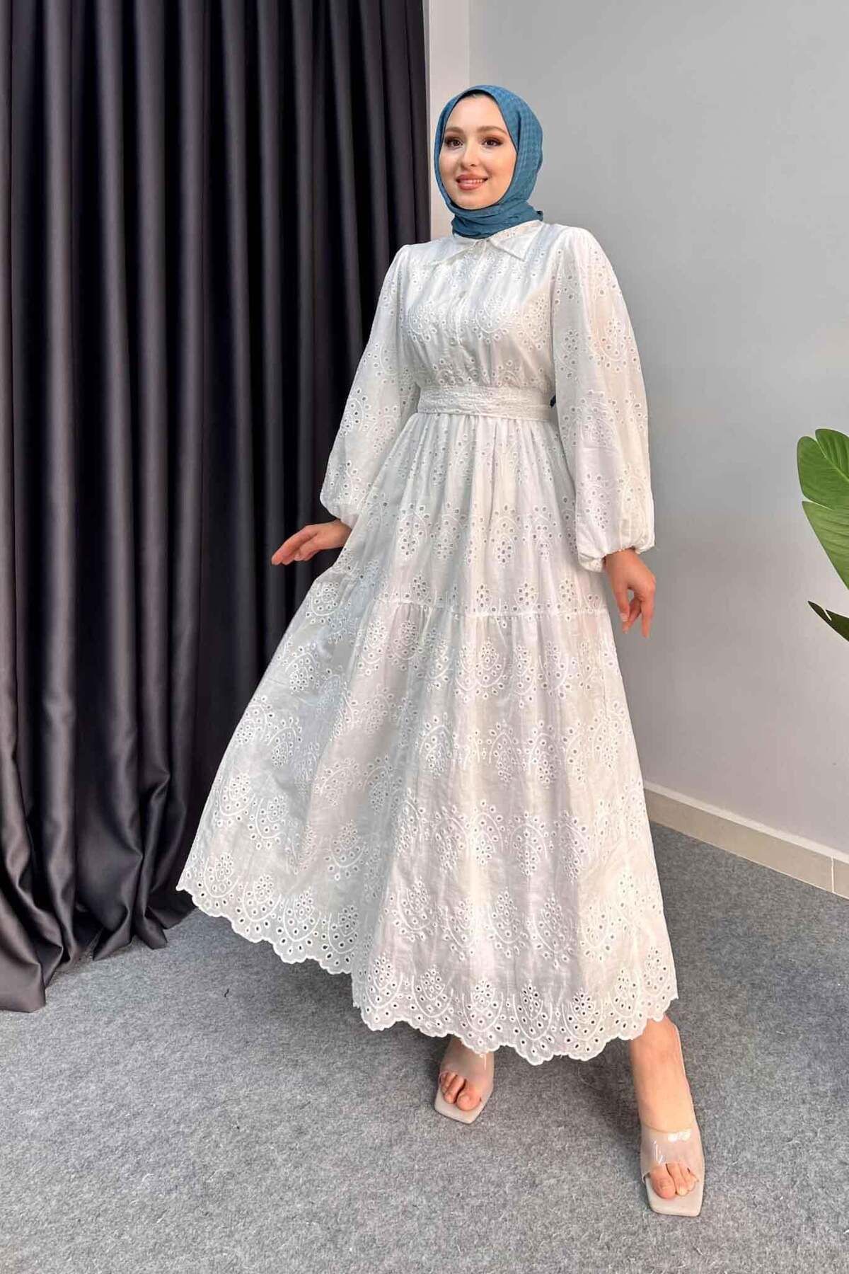 Rimel Moda Mona Dantel Elbise Beyaz