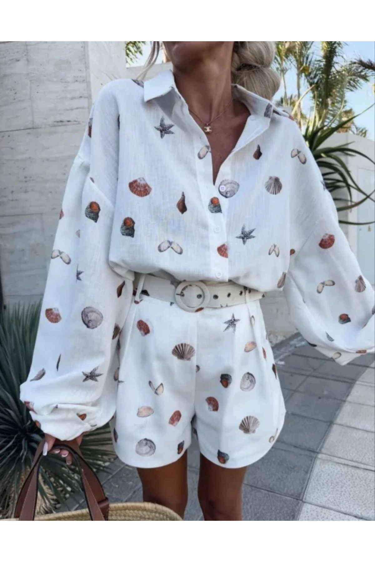 Buklemoda Keten Desenli Şortlu Takım Beyaz