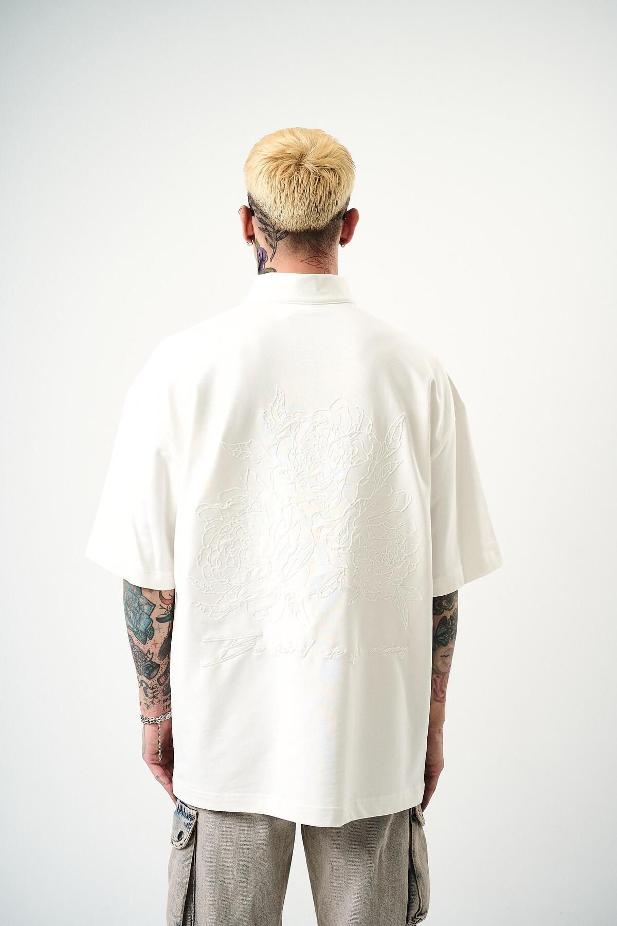 Respire Erkek Be Kind Nakışlı Yarım Fermuarlı Oversize T-Shirt Ekru