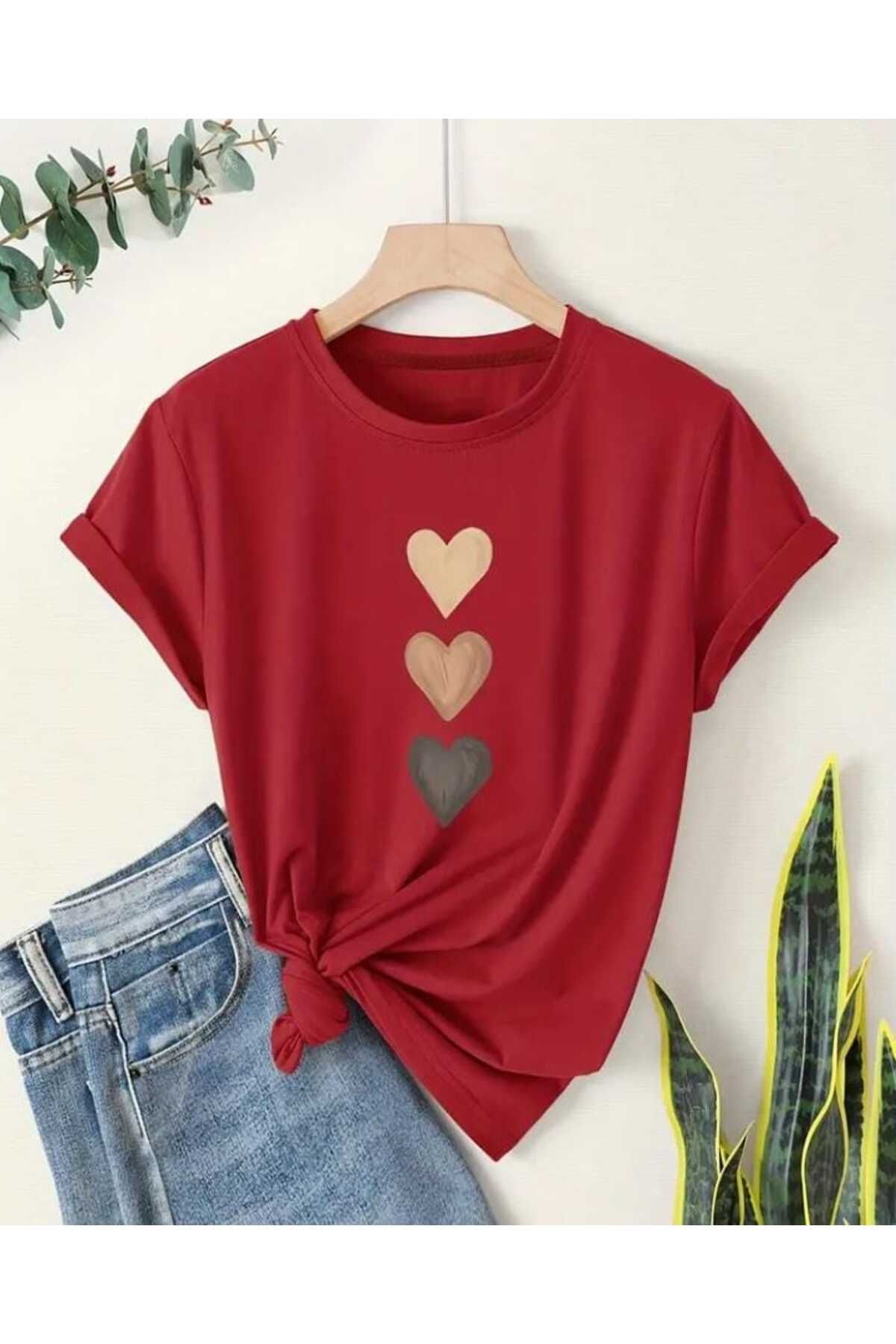 TekTarzz Unisex Kalp Desenli Baskılı Pamuklu Tshirt