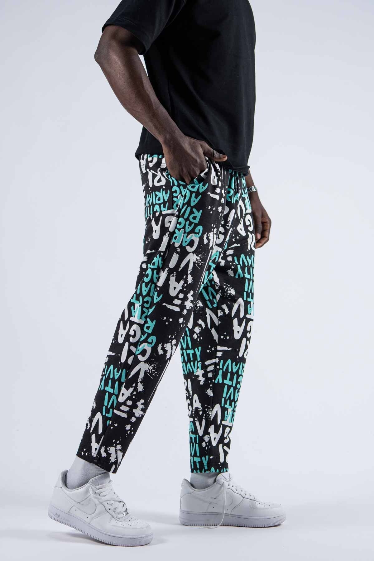 SUPERBLUE-Men's Patterned Loose Turquoise Trousers with Elastic Waist 2
