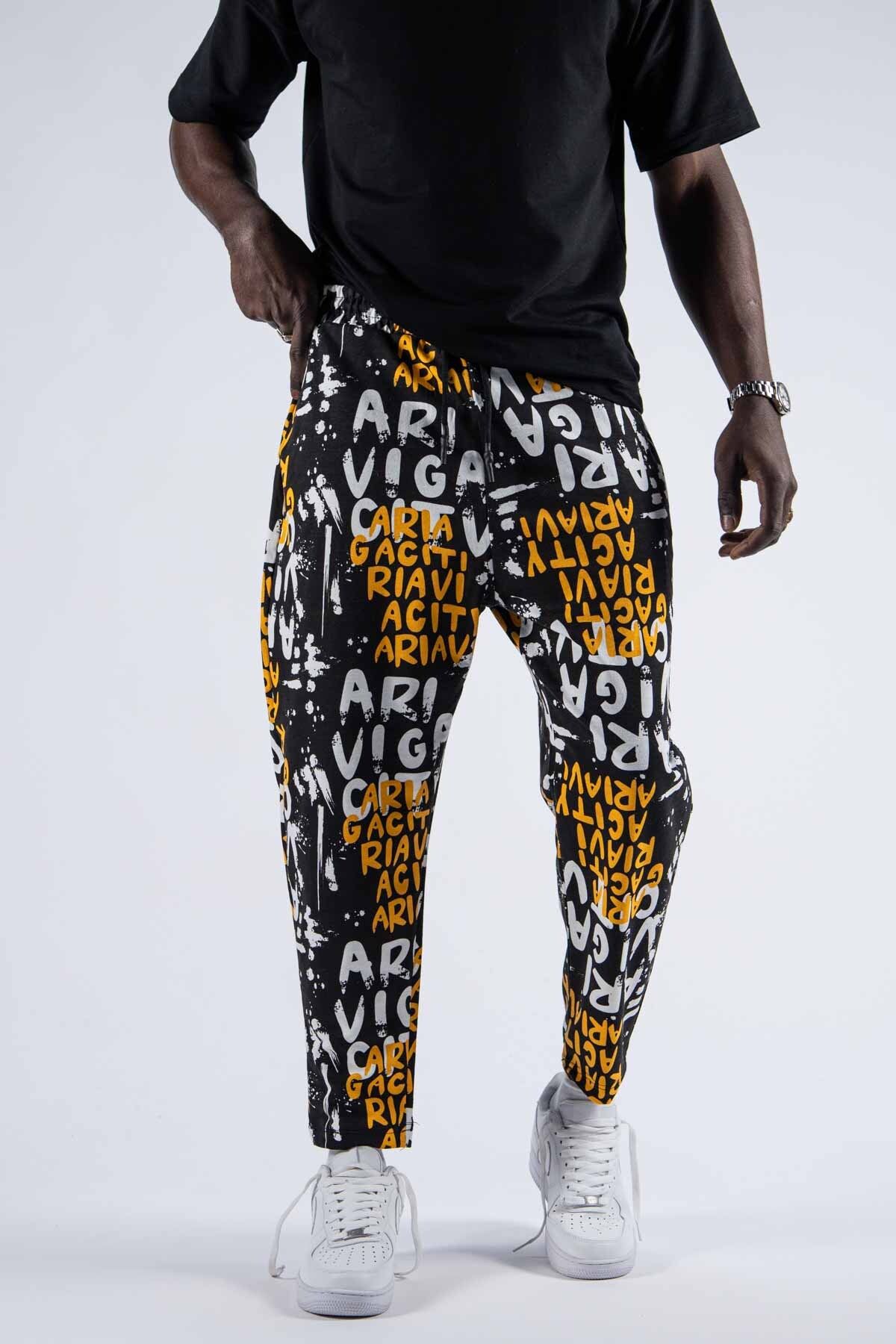 SUPERBLUE-Men's Patterned Loose Yellow Trousers with Elastic Waist 2