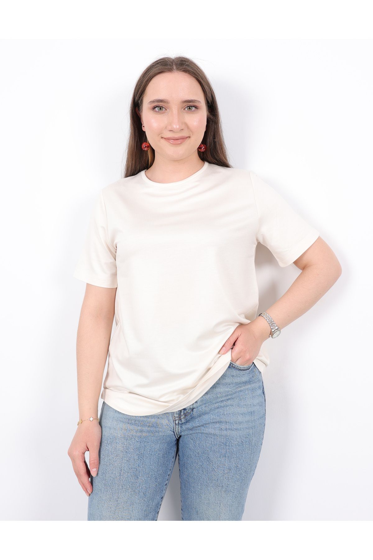 Linvey Kado Likralı Kısa Kollu Bisiklet Yaka Rahat Kalıp Penye T-shirt,Bluz,İçlik