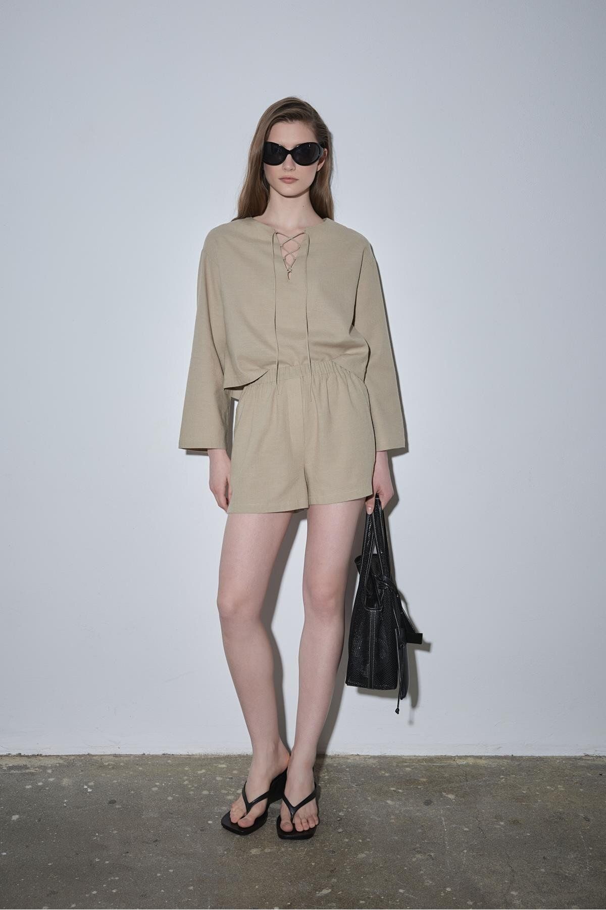 Suud Collection Ihlamur Yeşili Zoe Basic Keten Şort