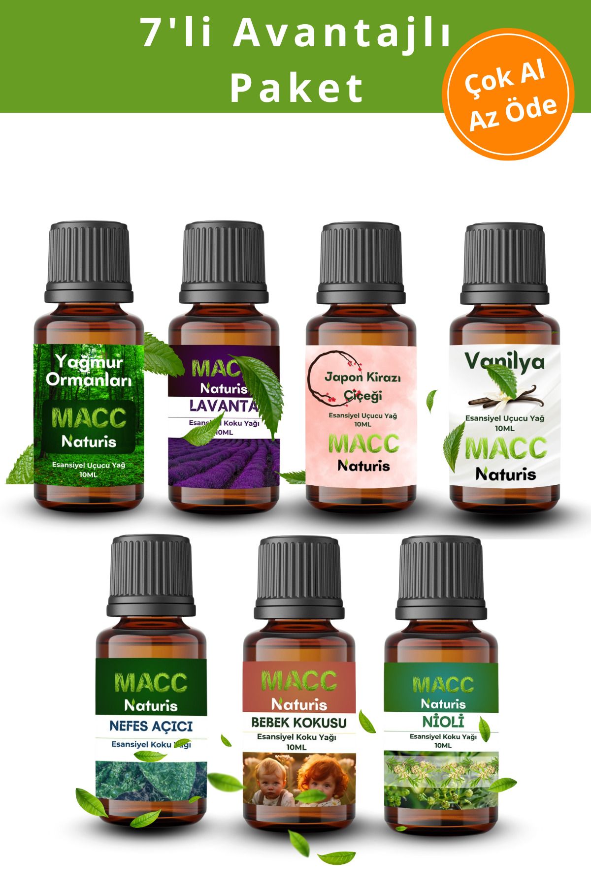 MACC Naturis Favori Set Esansiyel Uçucu Yağ Buhurdanlık Yağı Hava Nemlendirici Aroma Difüzörü Kokusu Esans 7X