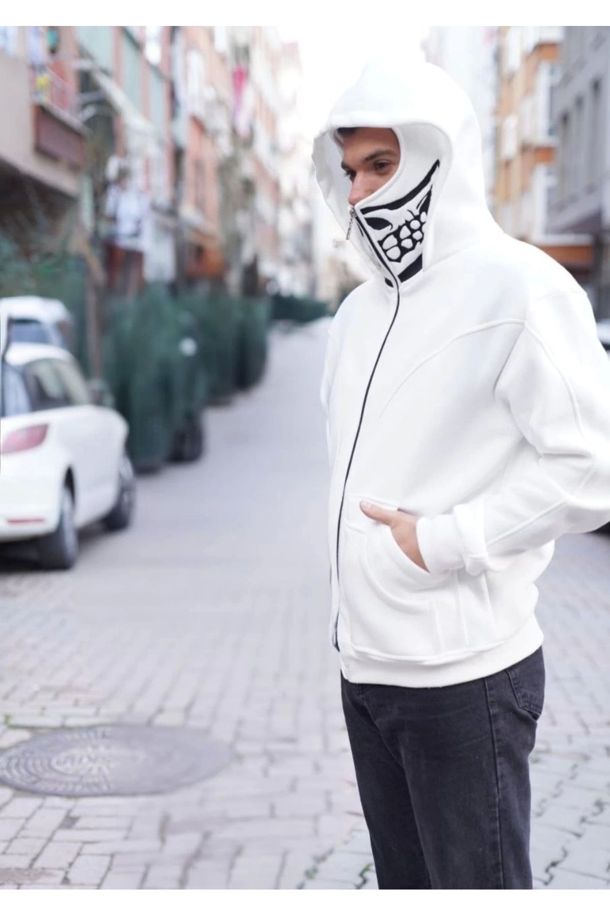 MODA Samuray Kapşonlu ZIP Fermuarlı Çift Kapşonlu Nakışlı SweatShirt- Beyaz