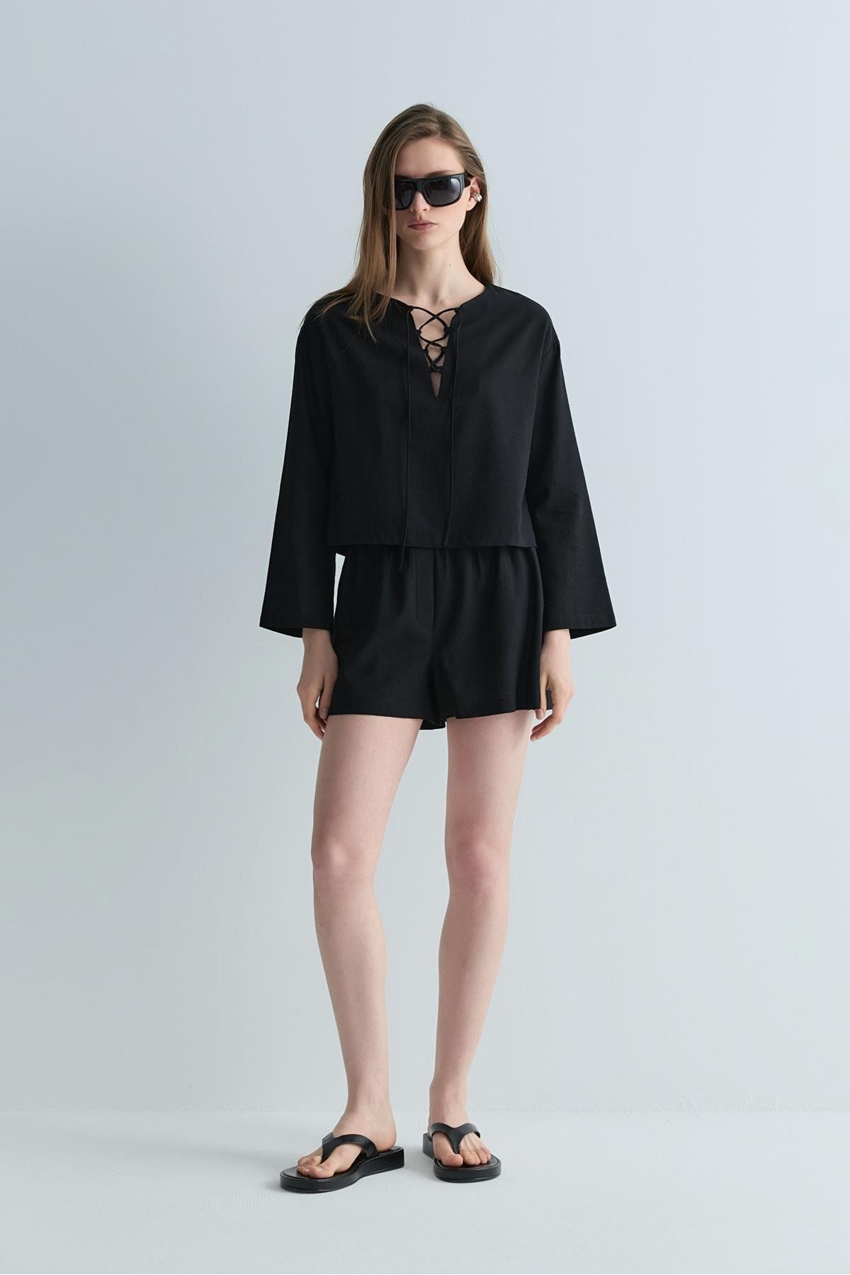 Suud Collection Siyah Zoe Basic Keten Şort