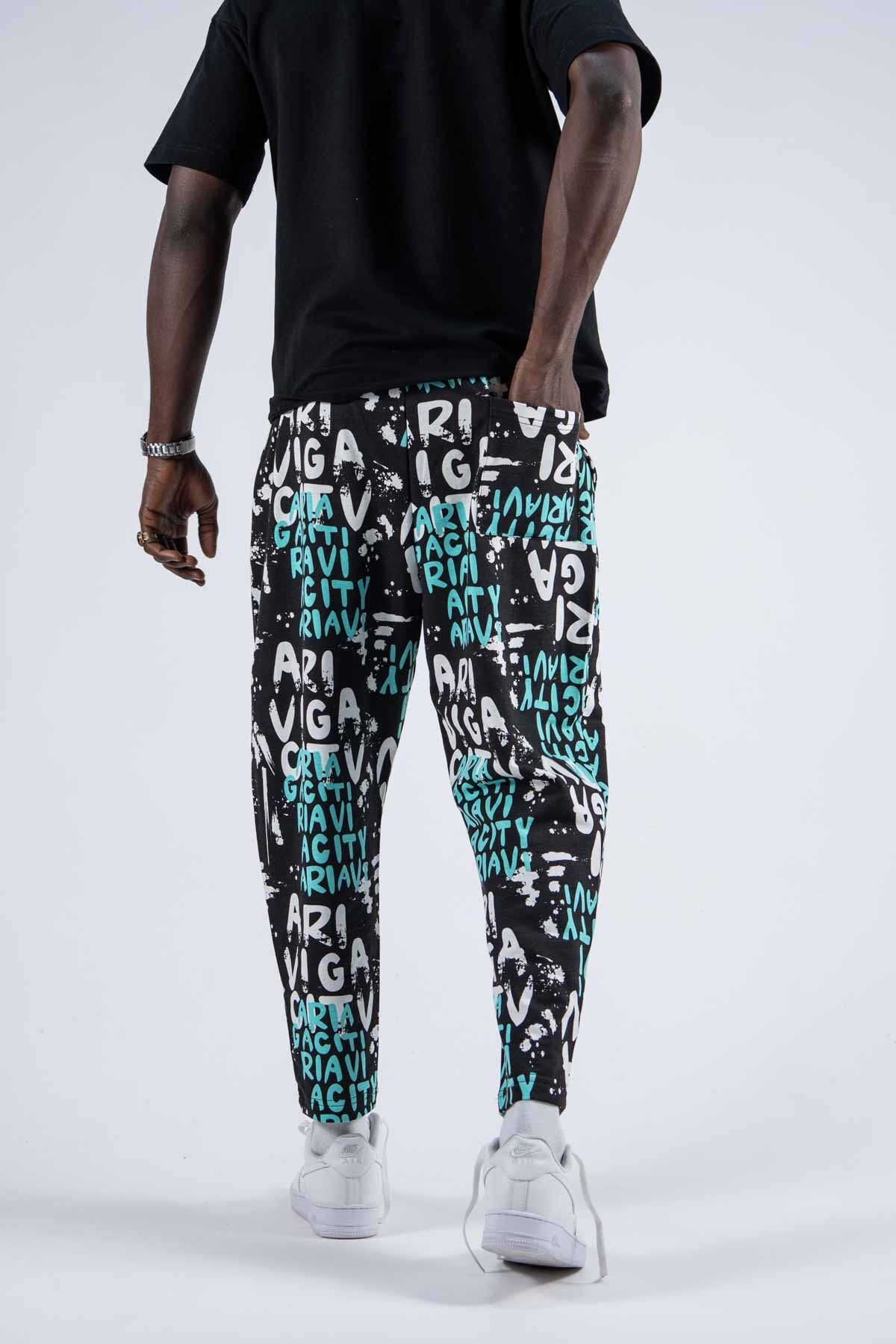 SUPERBLUE-Men's Patterned Loose Turquoise Trousers with Elastic Waist 4
