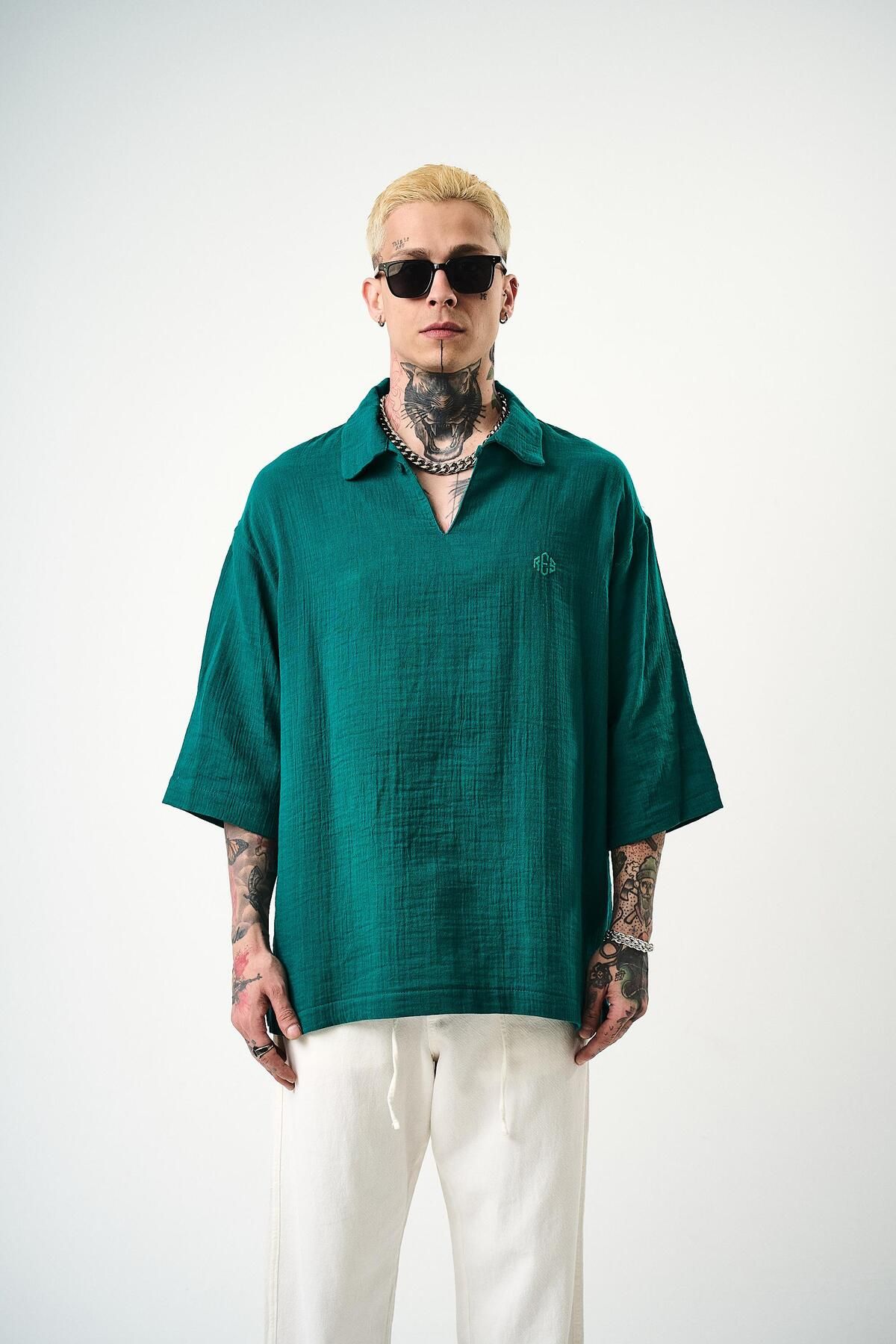 Respire Erkek Polo Yaka Fakir Kol Müslin Oversize T-Shirt Zümrüt