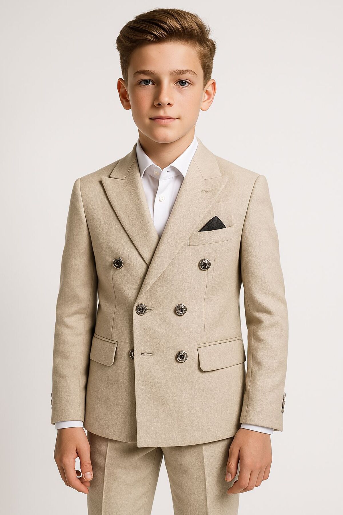  کت و شلوار کلاسیک پسرانه دو دکمه بژ - ۴ تکه