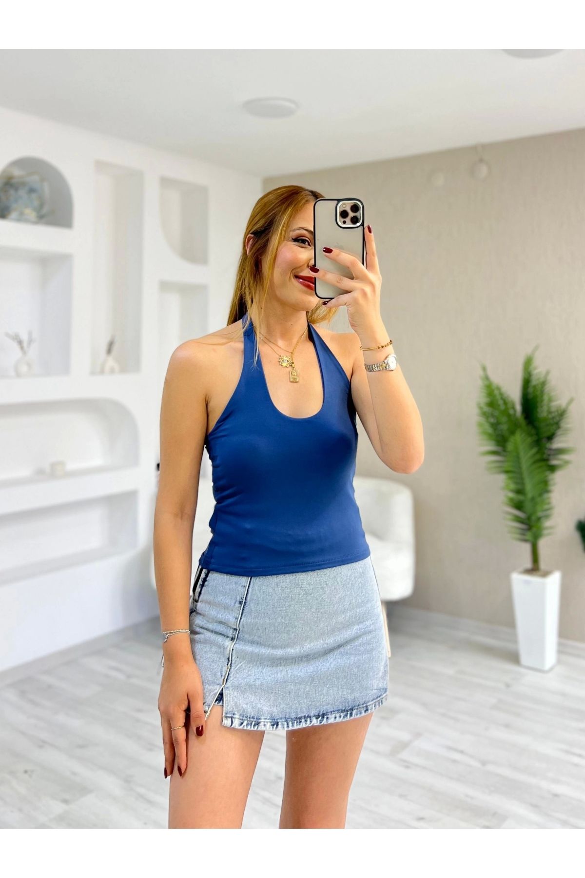 İrka Moda Boyundan Geçmeli Sandy Kumaş Bluz Lacivert