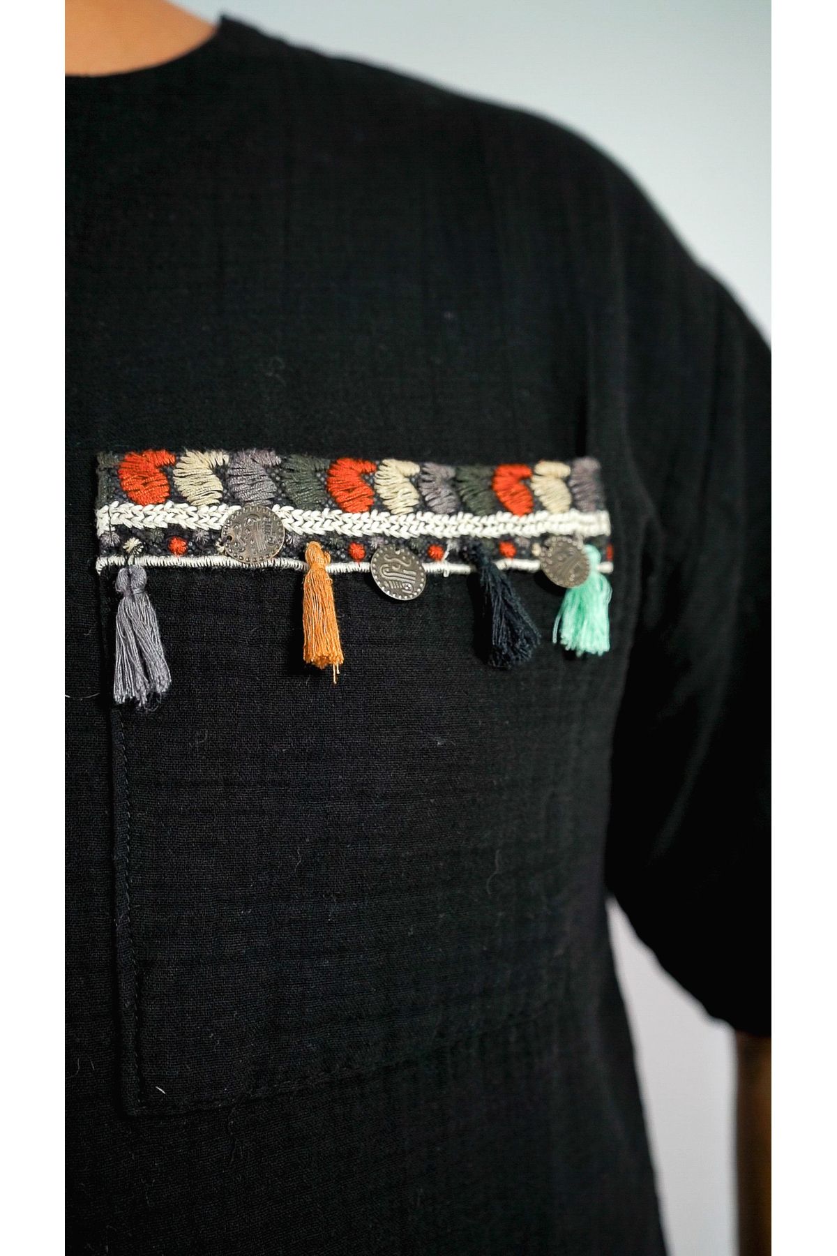 MARESHAL Oversize Otantik Cep Desenli Muslin Siyah T-shirt